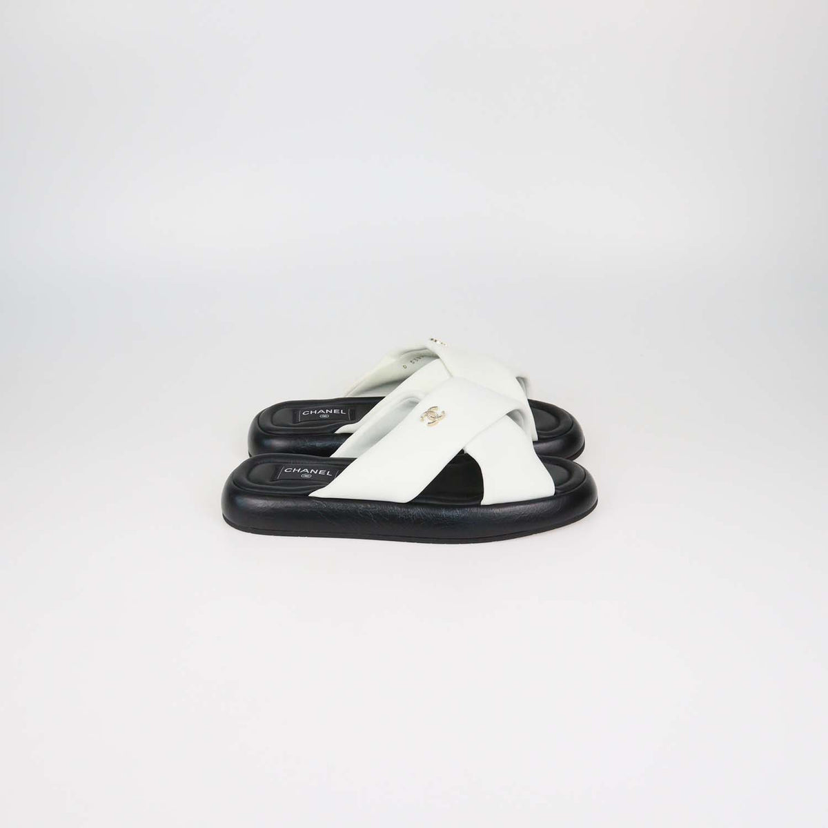 Chanel White Leather Puffy Criss Cross Sandals