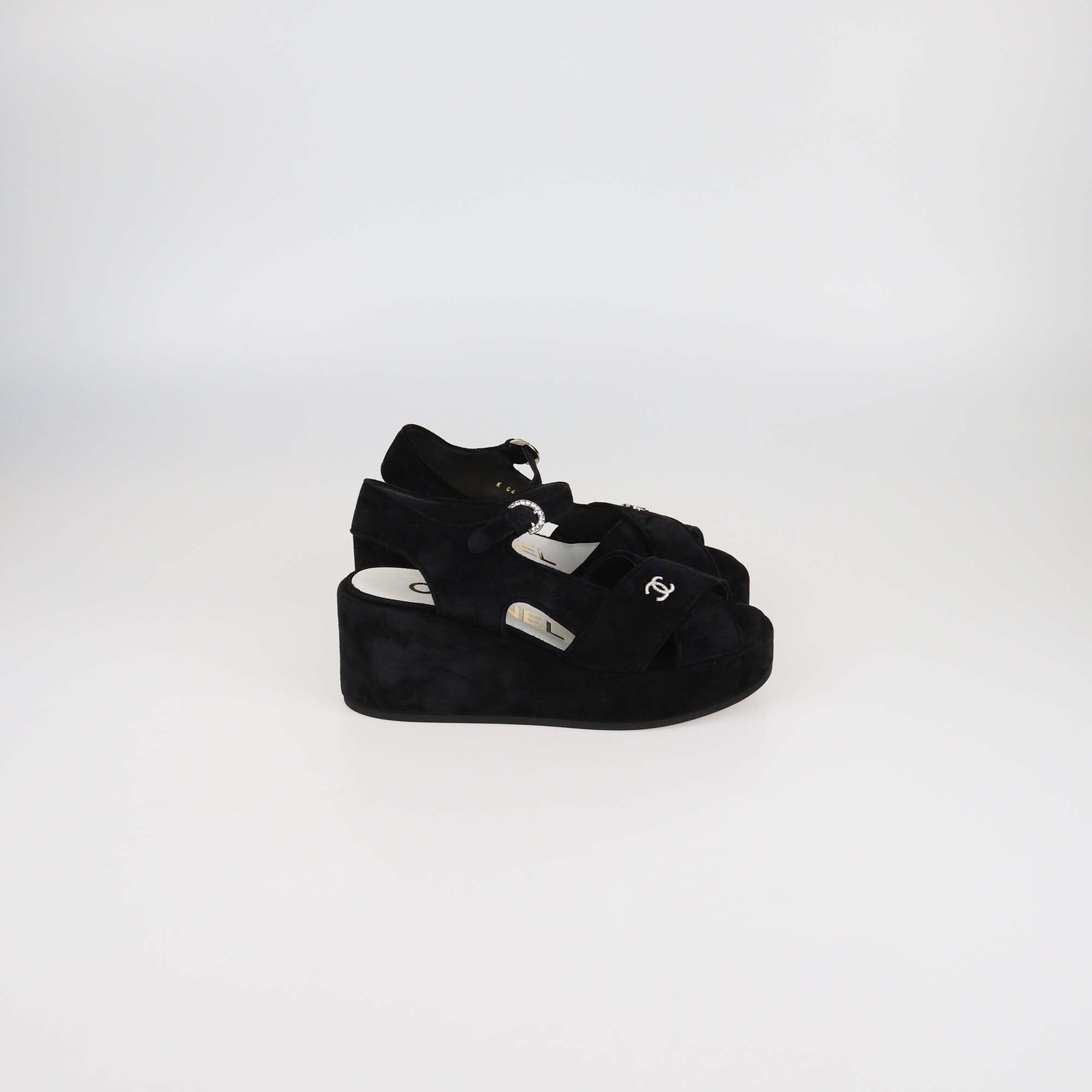 Chanel Black Suede Criss Cross Wedge Ankle Strap Sandals Womens Chanel