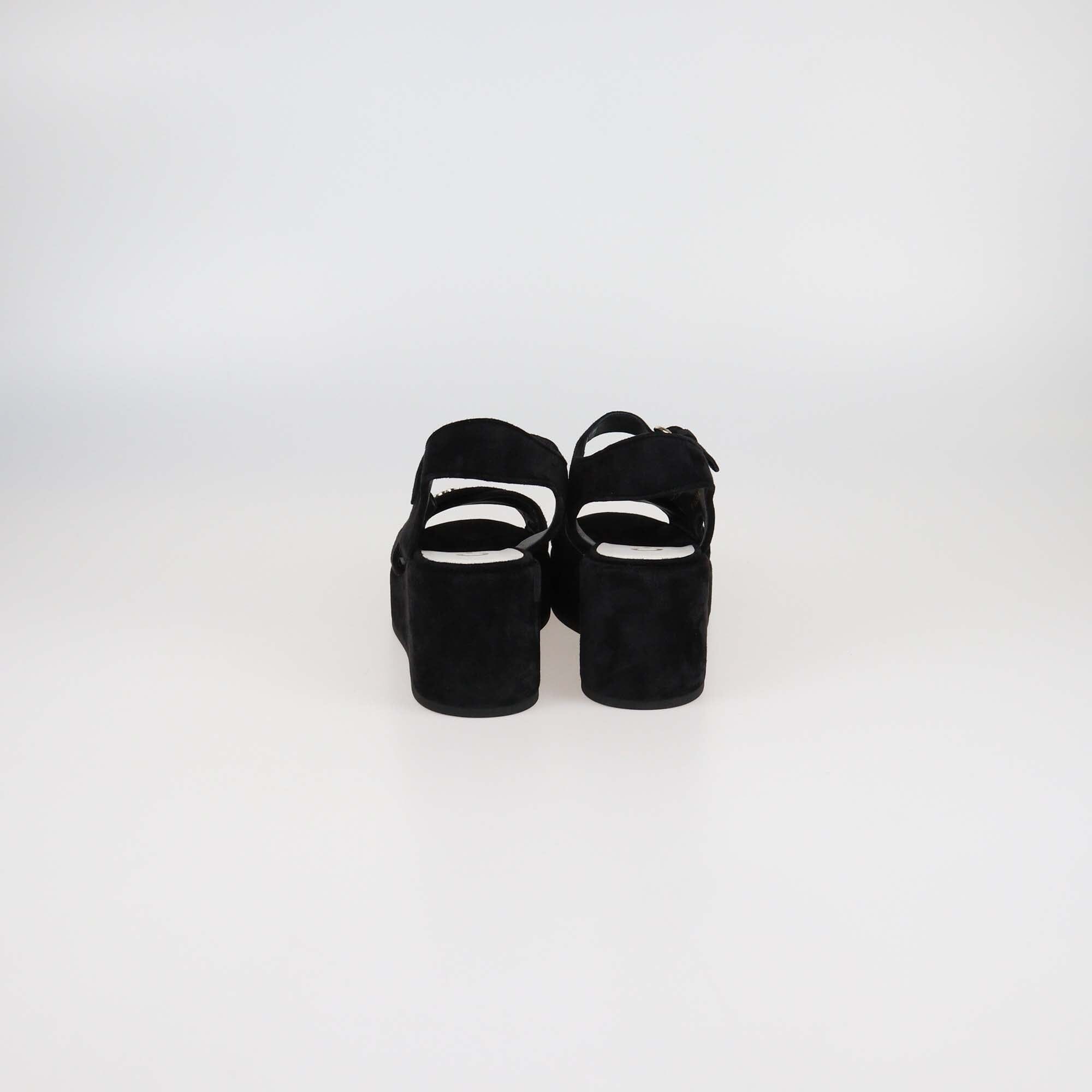 Chanel Black Suede Criss Cross Wedge Ankle Strap Sandals Womens Chanel