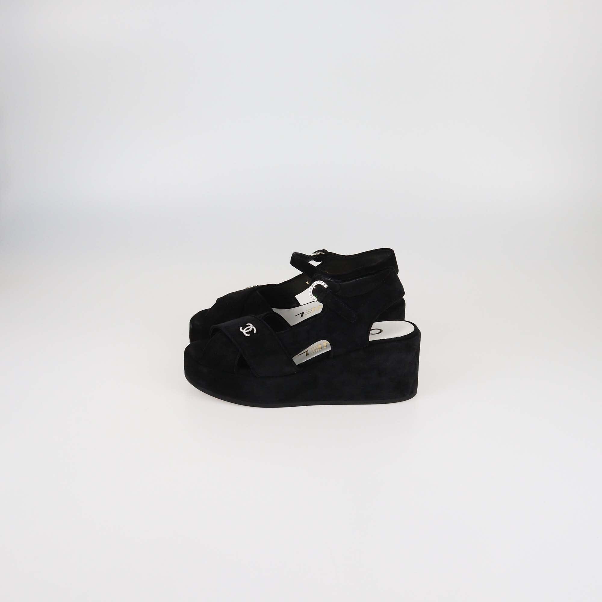 Chanel Black Suede Criss Cross Wedge Ankle Strap Sandals Womens Chanel