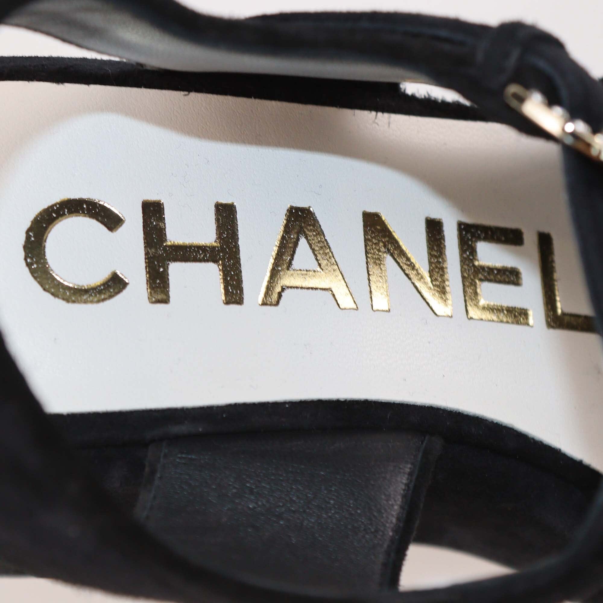Chanel Black Suede Criss Cross Wedge Ankle Strap Sandals Womens Chanel