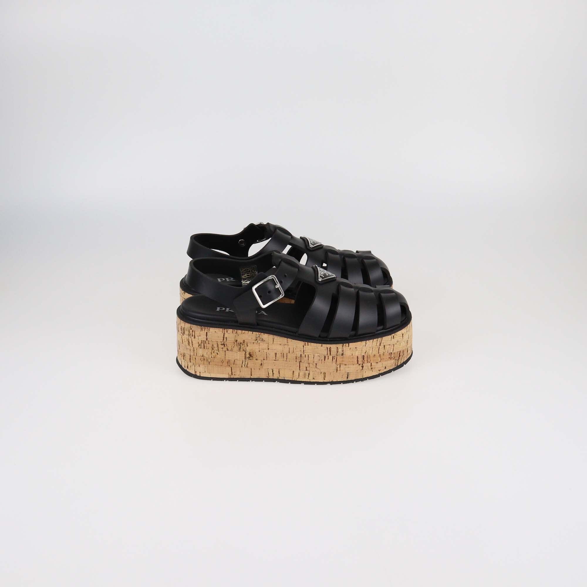 Prada Black Rubber Monolith Cork Platform Ankle Strap Sandals Womens Prada