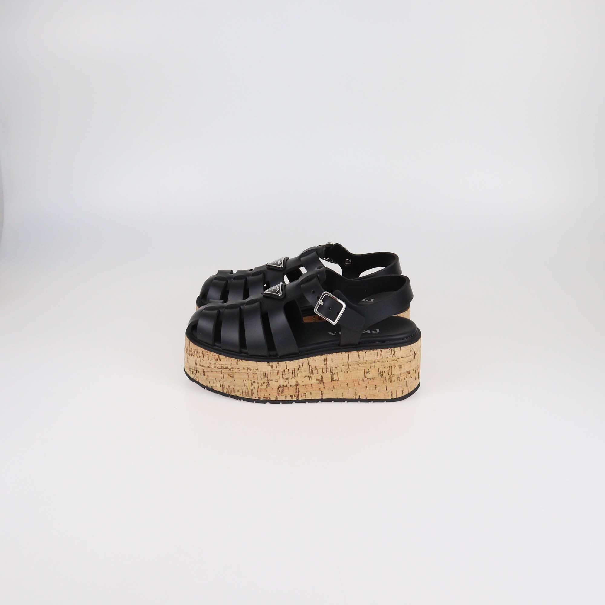 Prada Black Rubber Monolith Cork Platform Ankle Strap Sandals Womens Prada