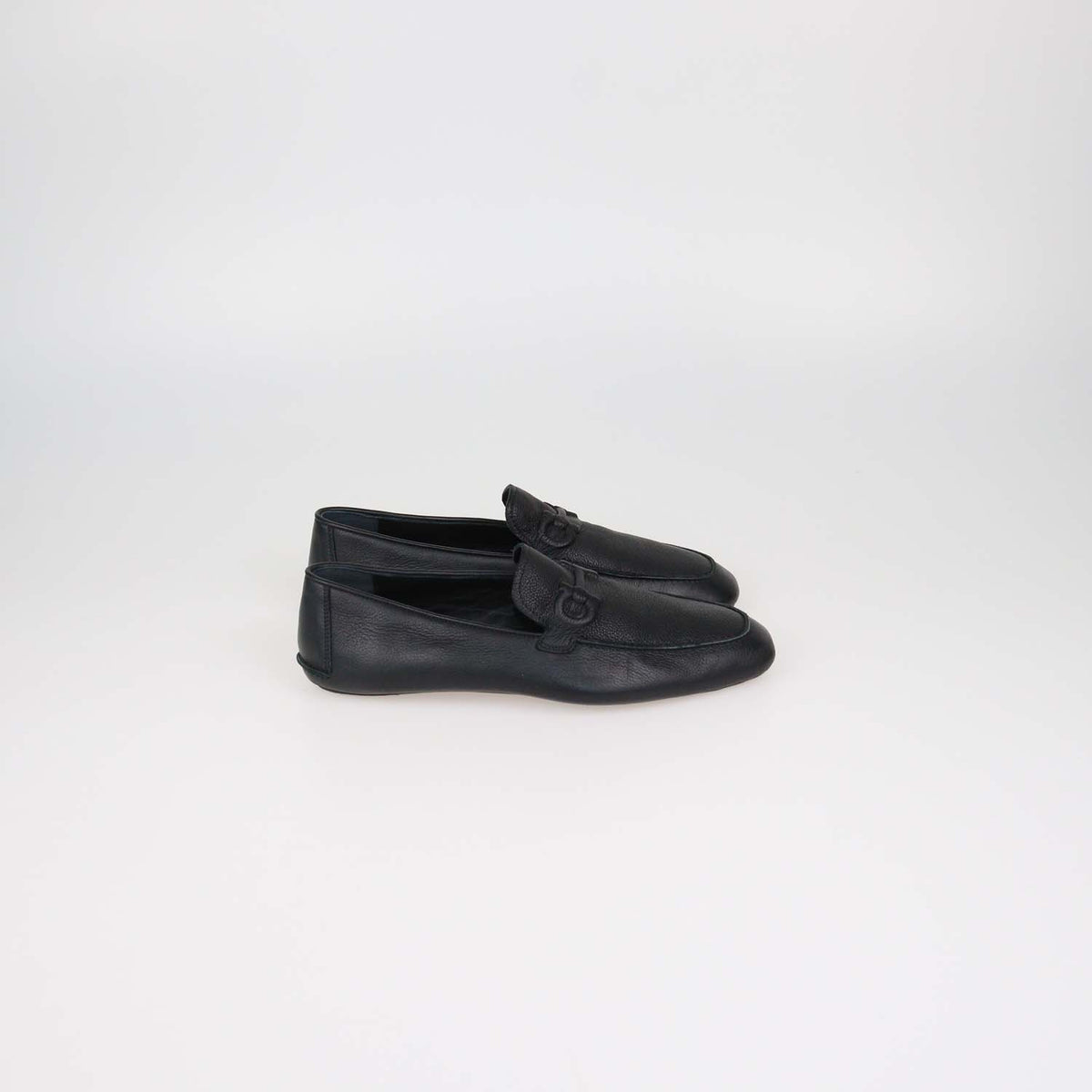 Salvatore Ferragamo Black Leather Gancini Embossed Flat Loafers