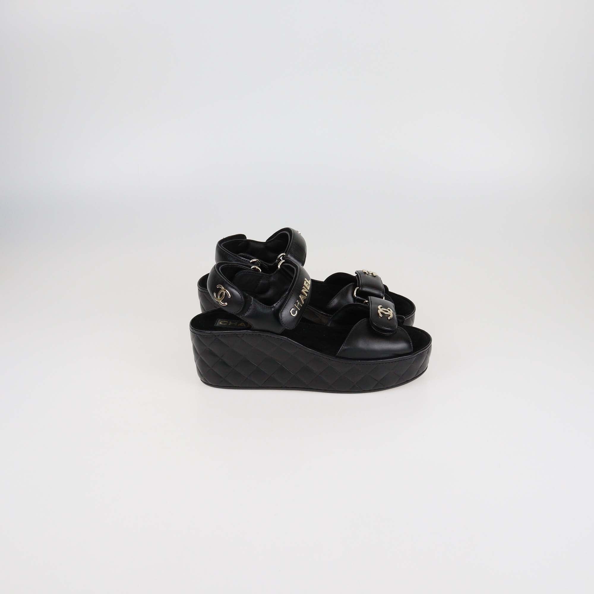 Chanel Black Quilted Leather Logo Wedge Ankle Strap Sandals Womens Chanel
