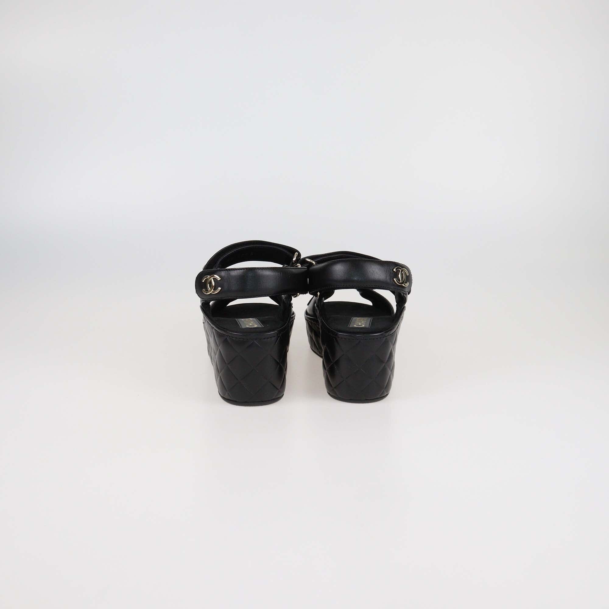 Chanel Black Quilted Leather Logo Wedge Ankle Strap Sandals Womens Chanel