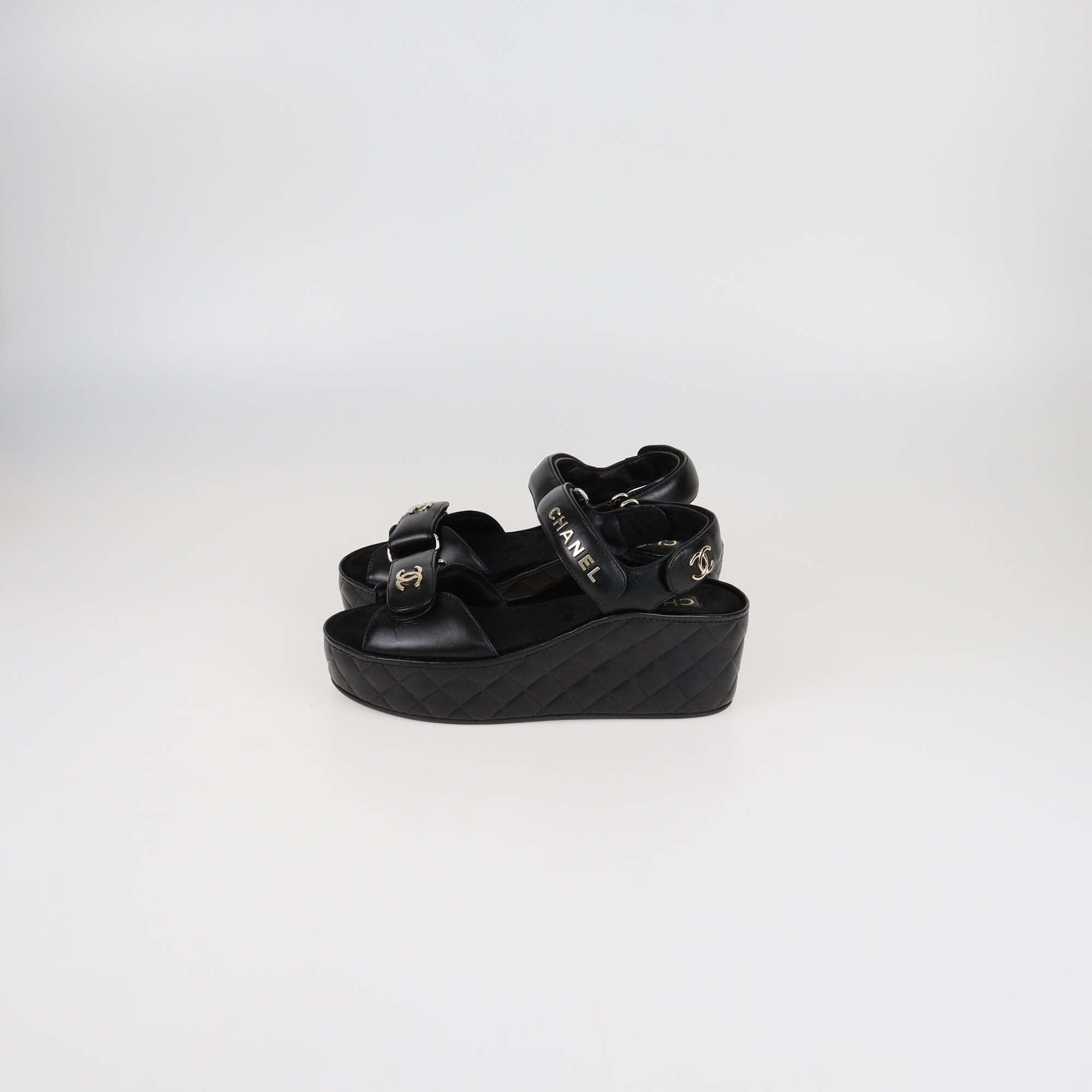 Chanel Black Quilted Leather Logo Wedge Ankle Strap Sandals Womens Chanel