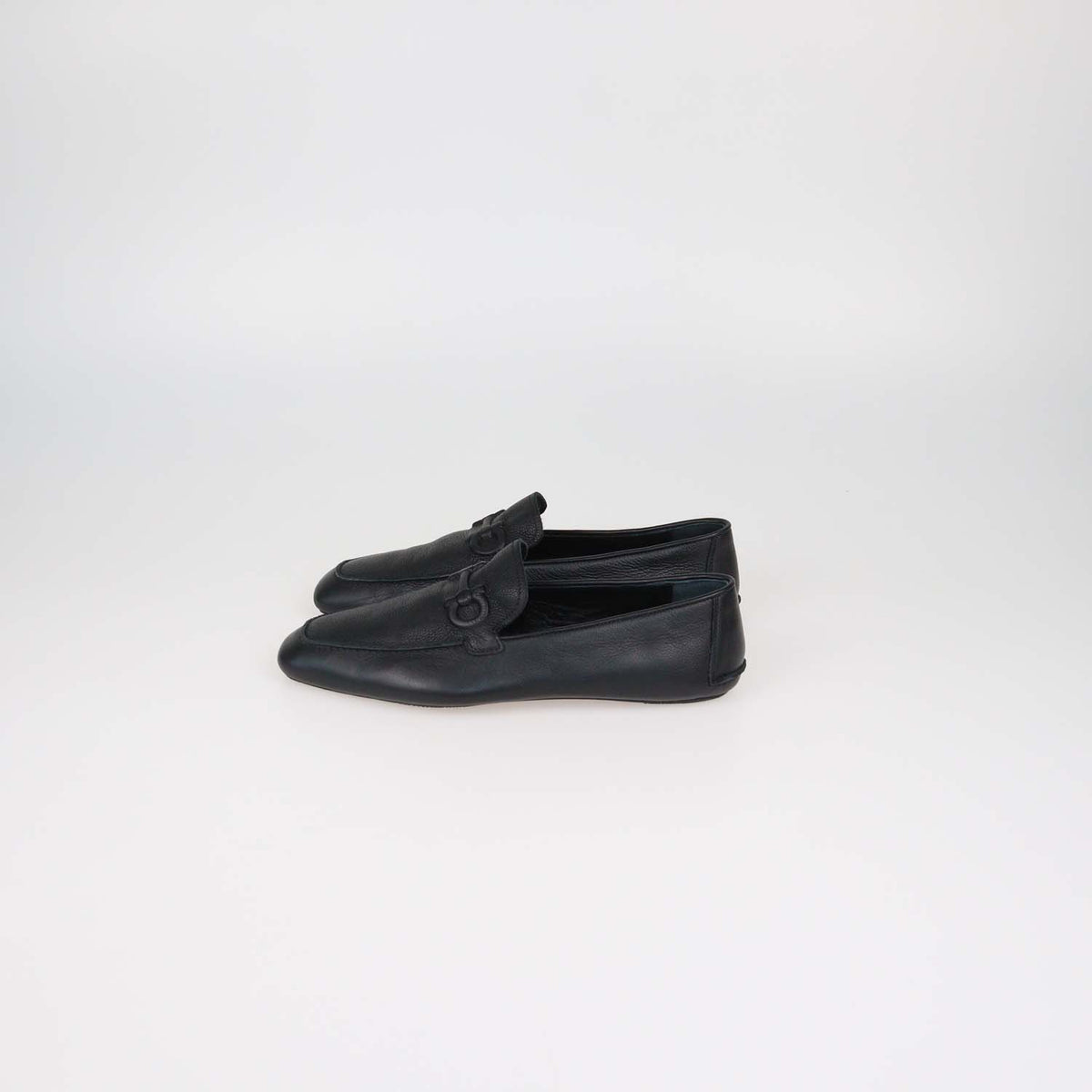 Salvatore Ferragamo Black Leather Gancini Embossed Flat Loafers