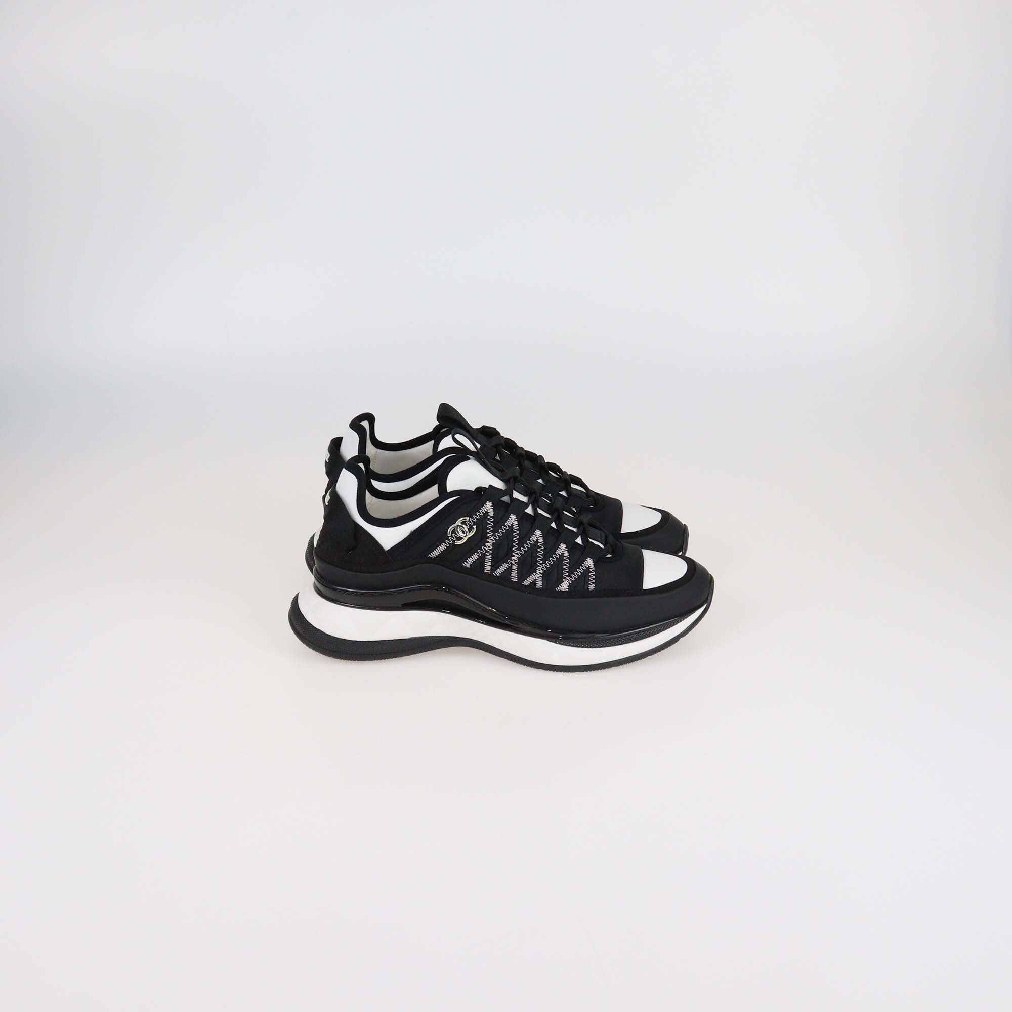 Chanel Black/White Leather and Fabric CC Low Top Sneakers Womens Chanel