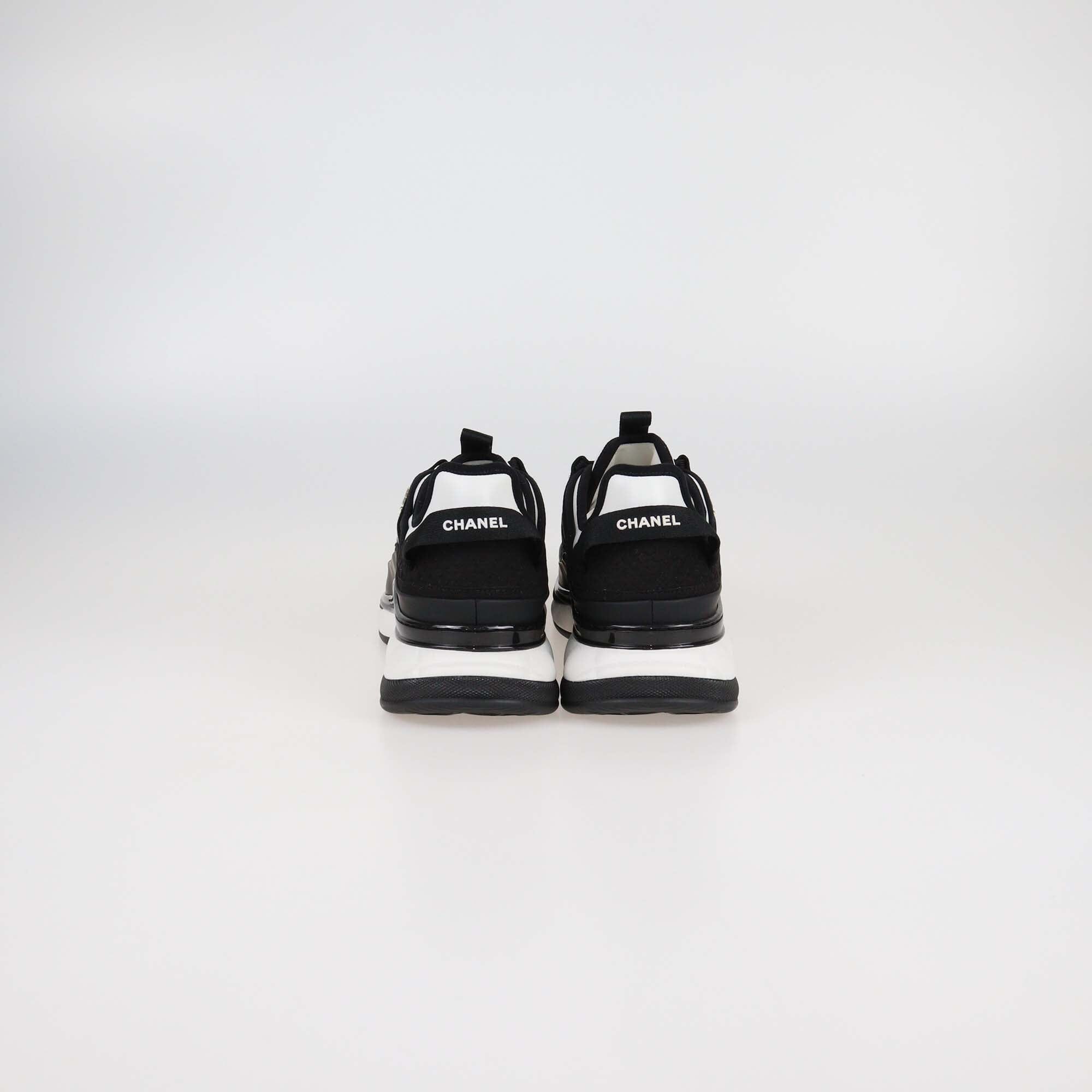 Chanel Black/White Leather and Fabric CC Low Top Sneakers Womens Chanel