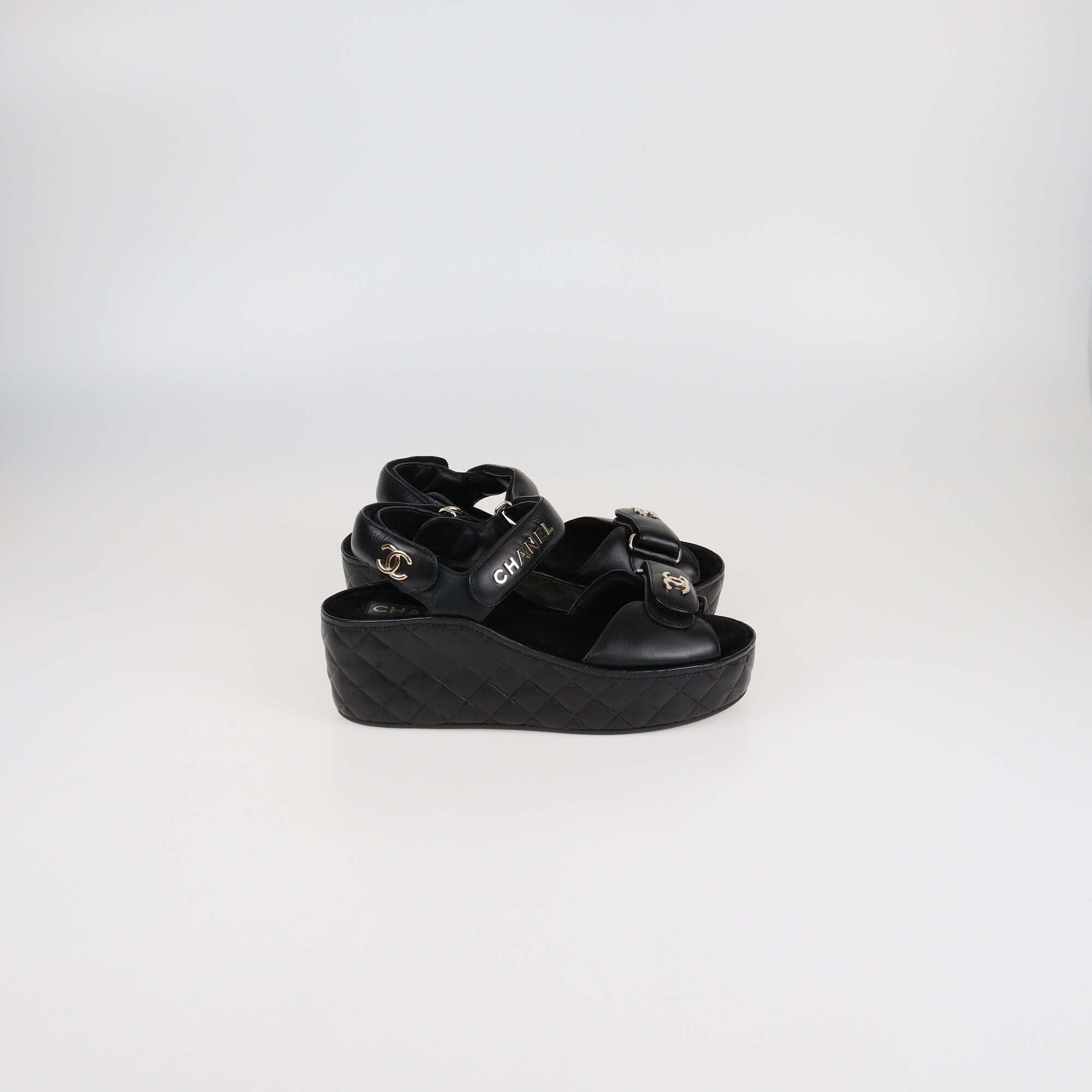 Chanel Black Quilted Leather Logo Wedge Ankle Strap Sandal Womens Chanel