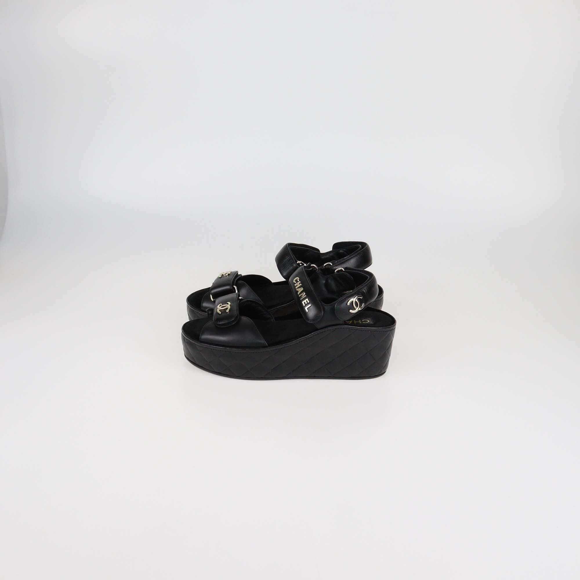 Chanel Black Quilted Leather Logo Wedge Ankle Strap Sandal Womens Chanel