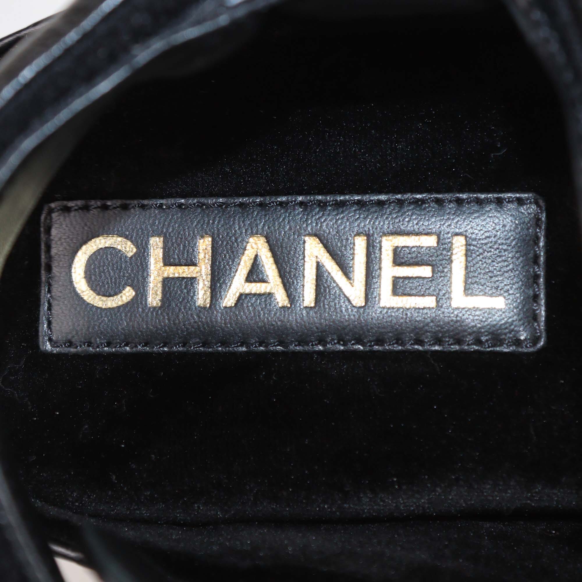 Chanel Black Quilted Leather Logo Wedge Ankle Strap Sandal Womens Chanel