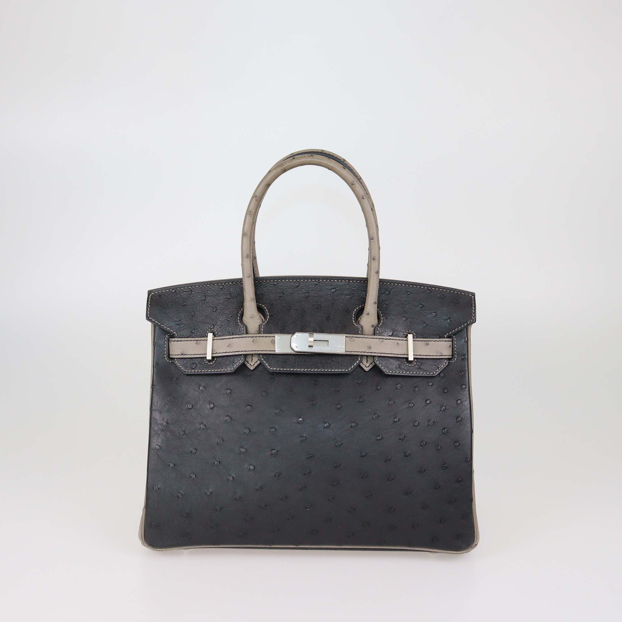 Hermes Black/Gris Agate Ostrich Brushed Palladium Special Order Birkin 30 Bag