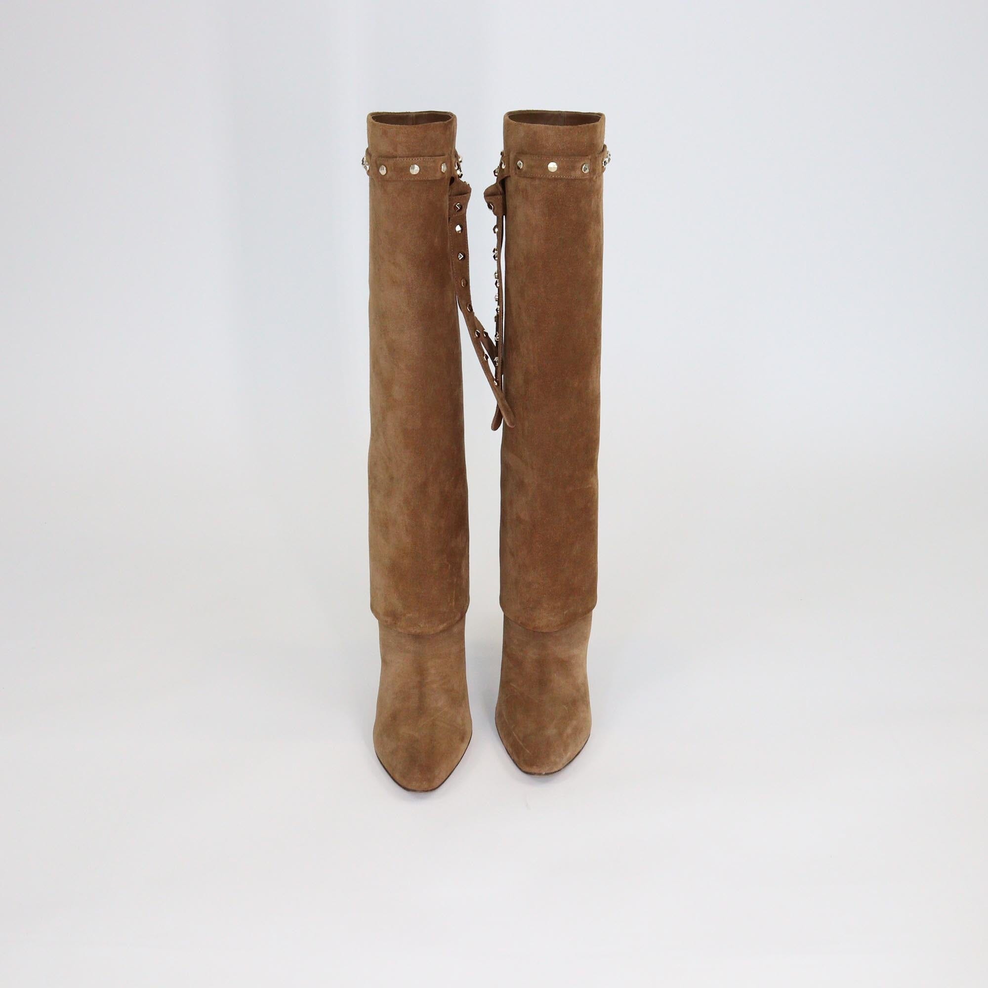 Valentino Brown Rockstud Fold-Over Knee Length Boots Womens Valentino