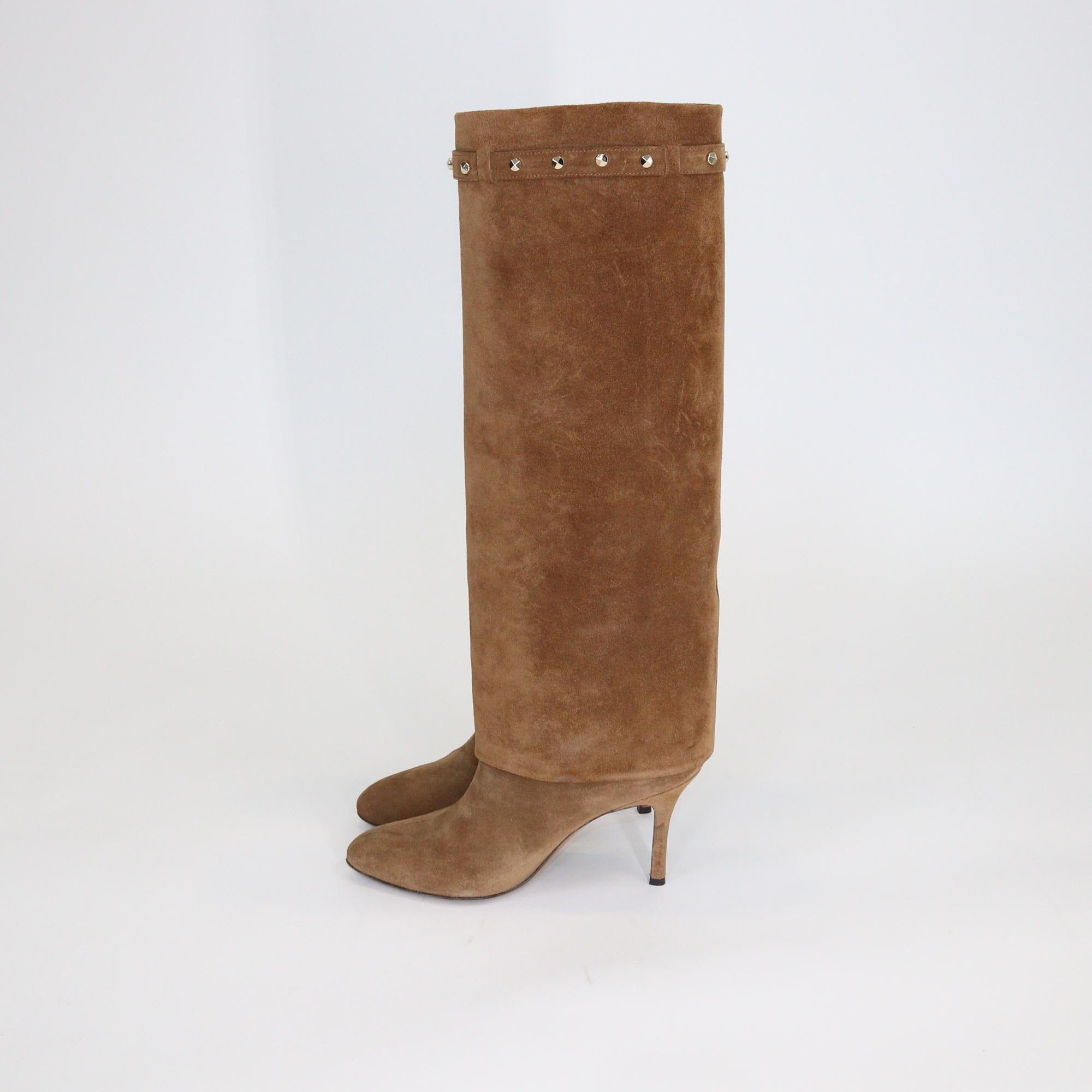 Valentino Brown Rockstud Fold-Over Knee Length Boots Womens Valentino