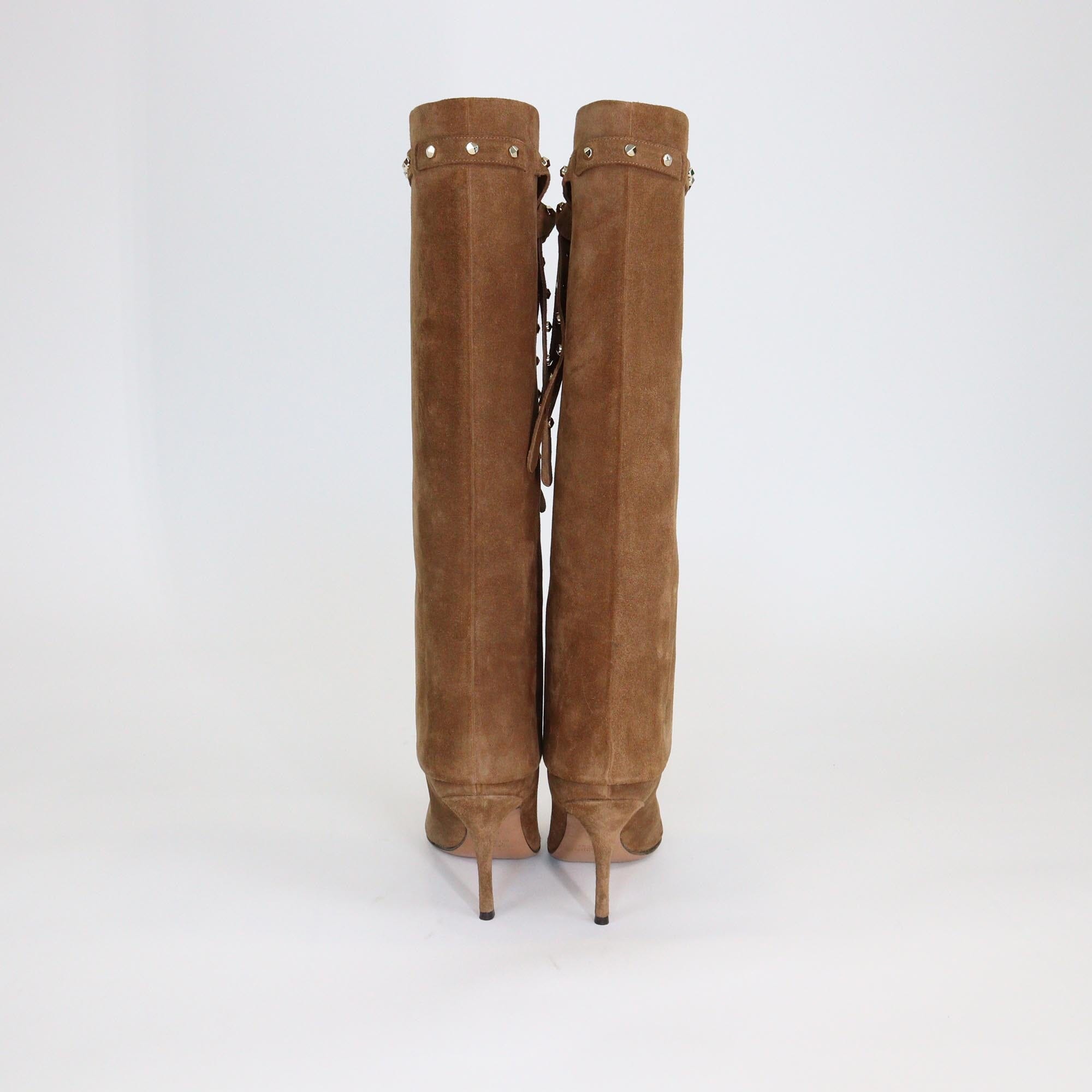 Valentino Brown Rockstud Fold-Over Knee Length Boots Womens Valentino