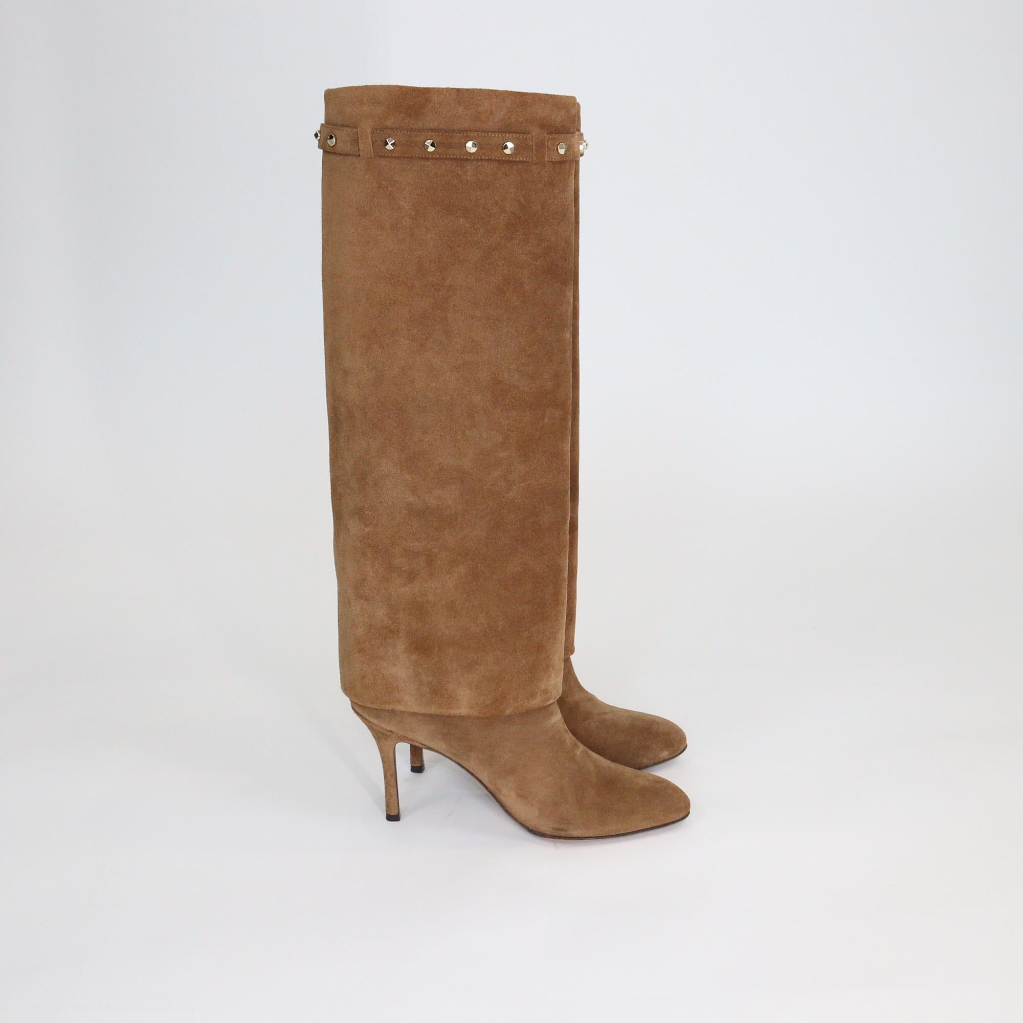 Valentino Brown Rockstud Fold-Over Knee Length Boots Womens Valentino