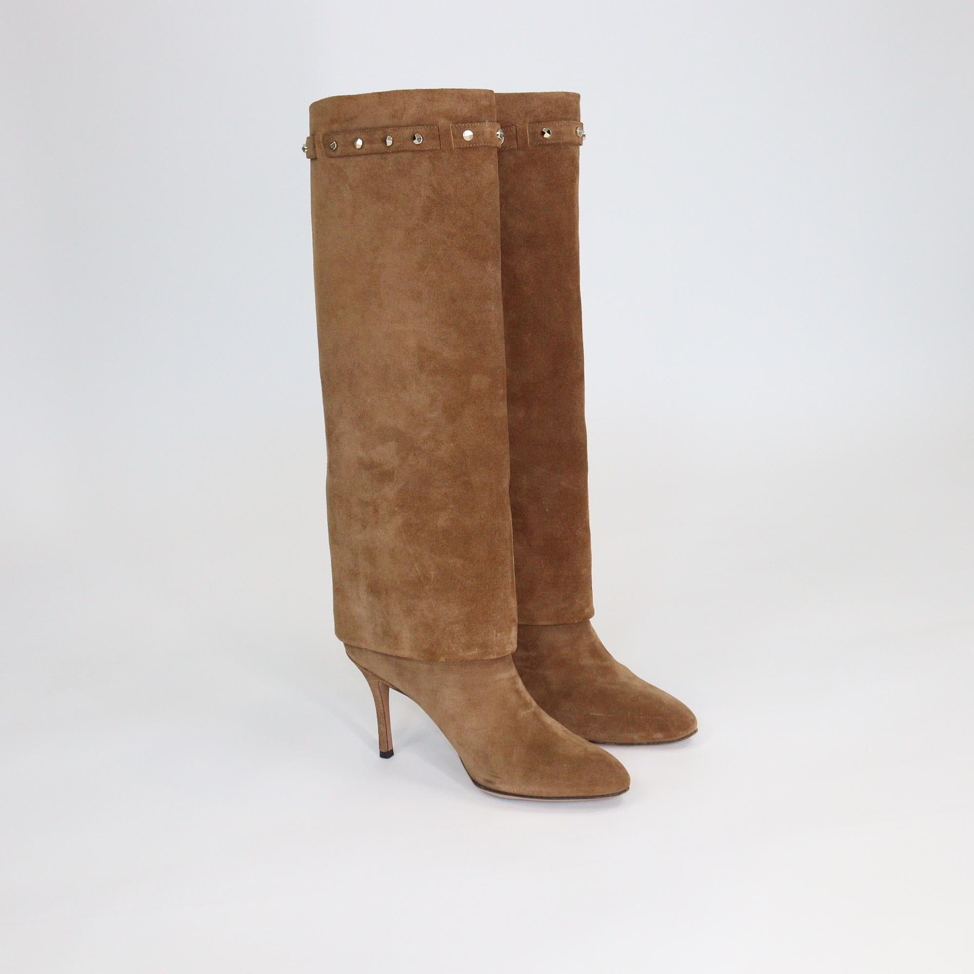 Valentino Brown Rockstud Fold-Over Knee Length Boots Womens Valentino
