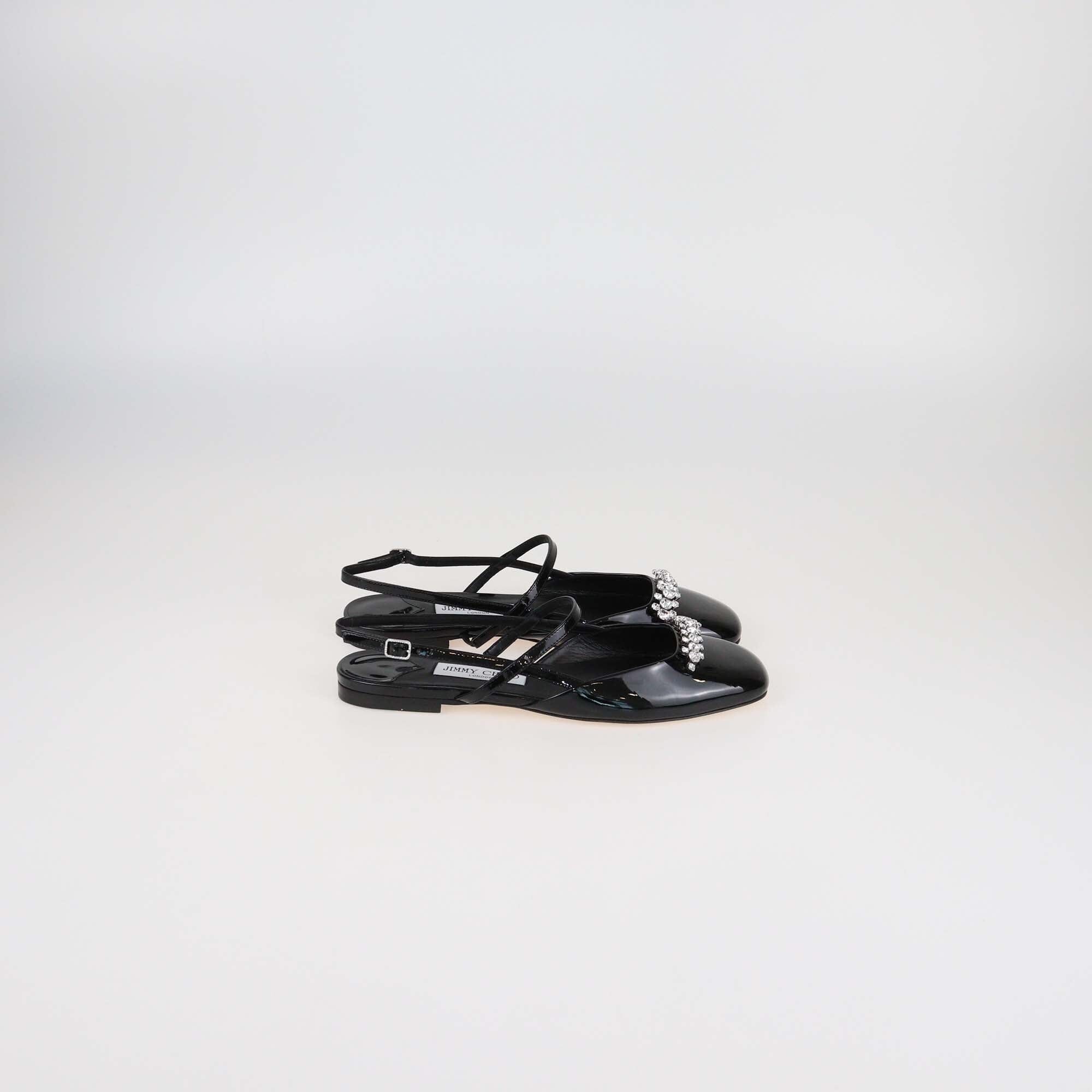 Jimmy Choo Black Patent Leather Crystal Embellished Belinda Slingback Ballet Flats Womens Jimmy Choo