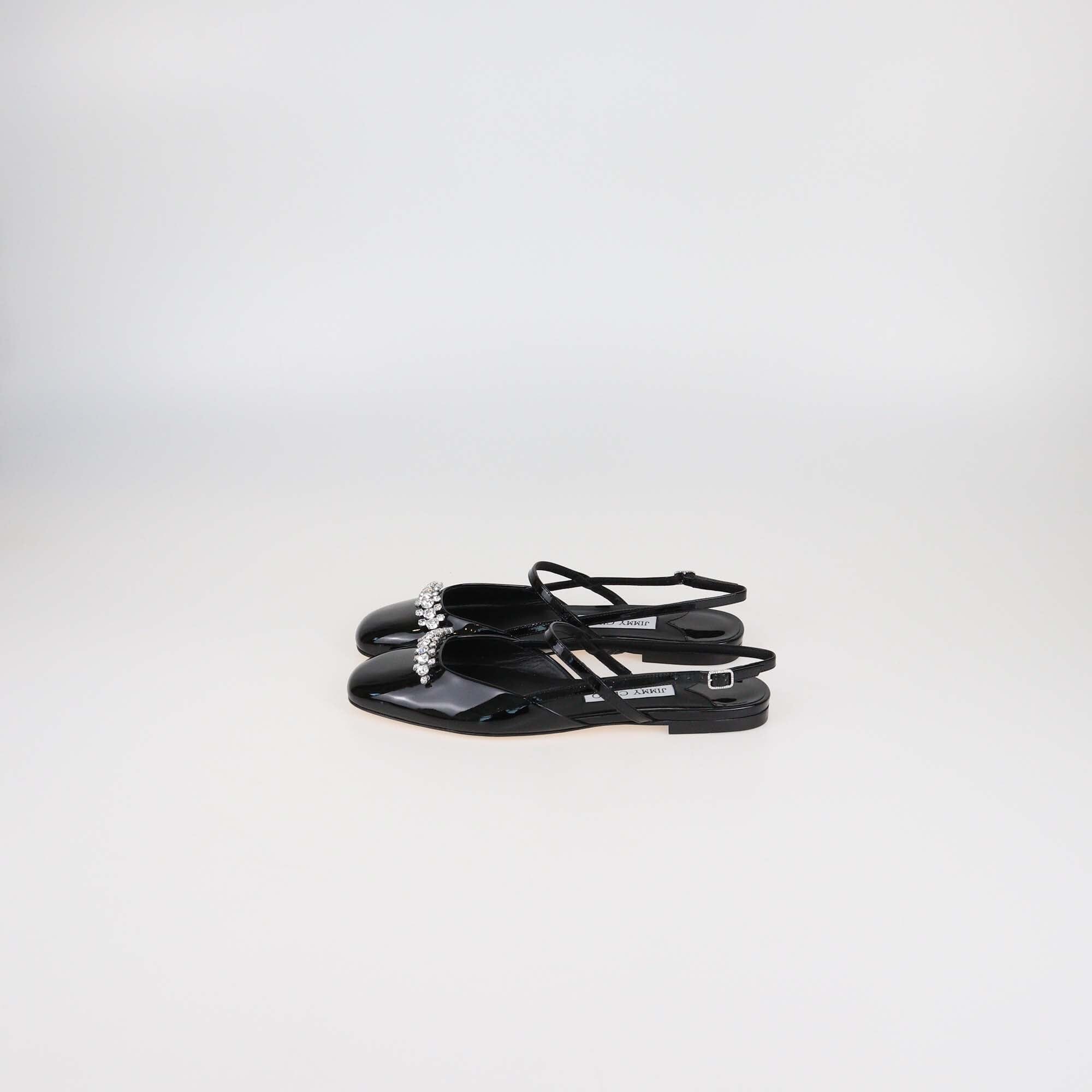 Jimmy Choo Black Patent Leather Crystal Embellished Belinda Slingback Ballet Flats Womens Jimmy Choo