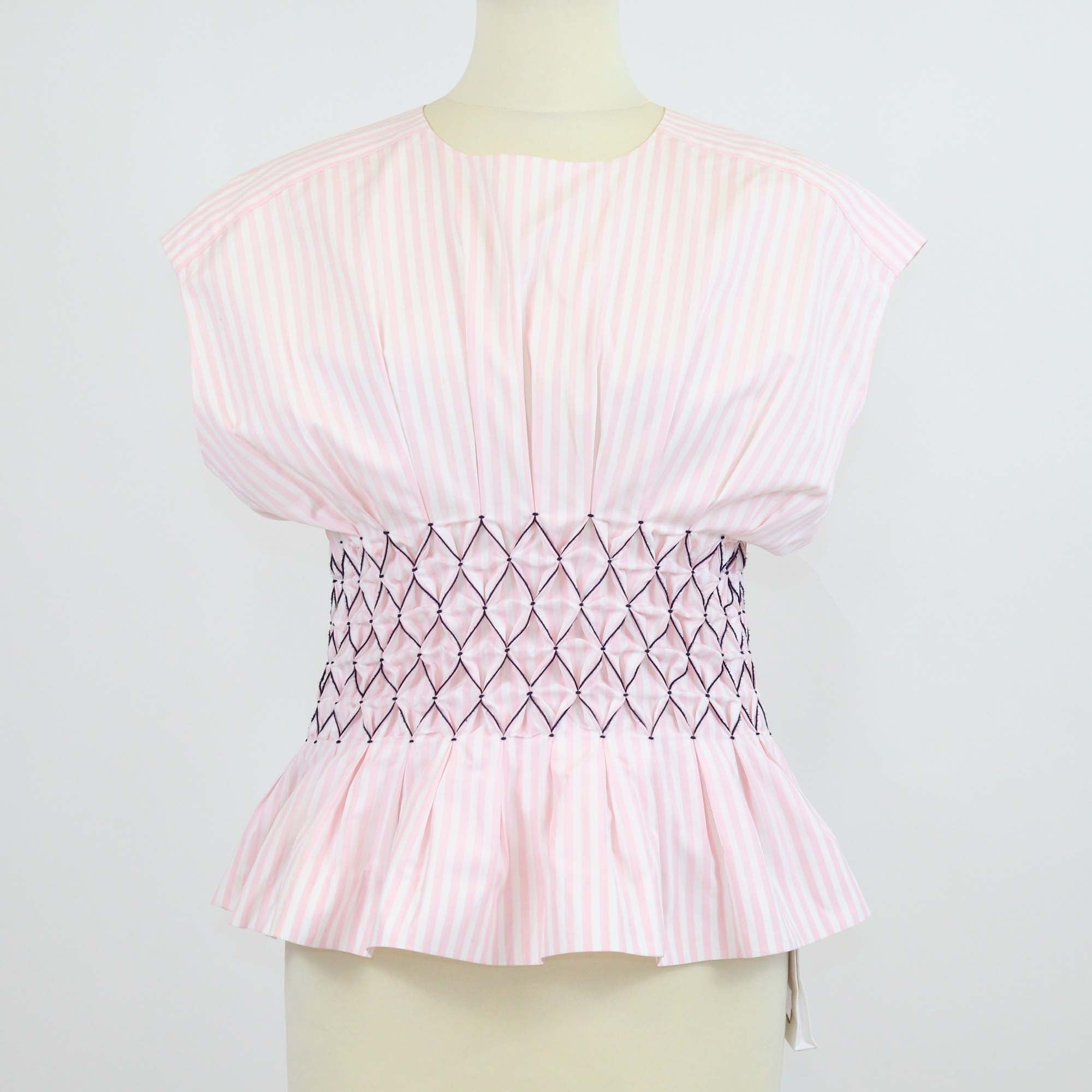 Chanel Pink/White Cotton Striped Smocked Waist Sleeveless Tops