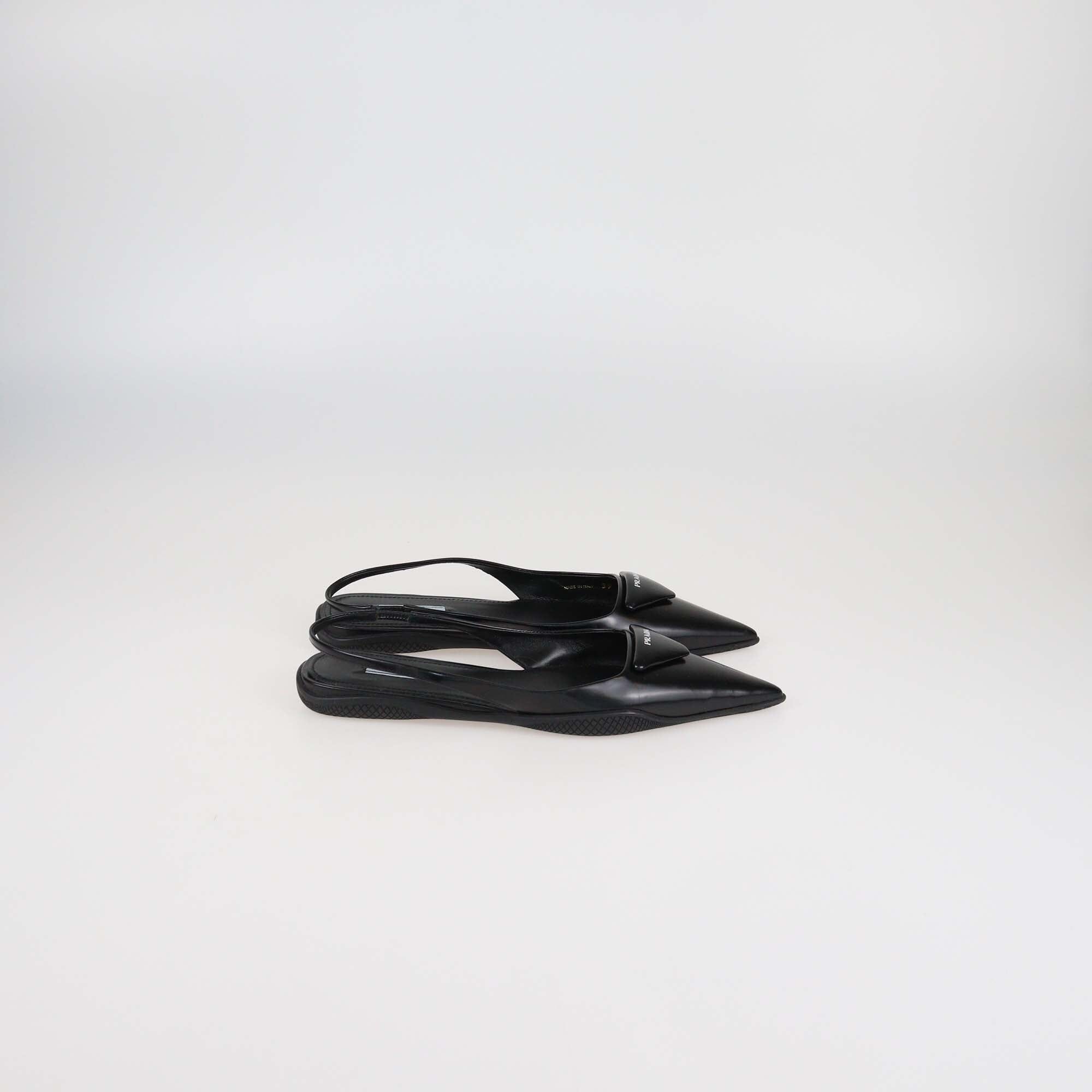 Prada Black Leather Triangle Logo Pointed Toe Slingback Pumps Womens Prada