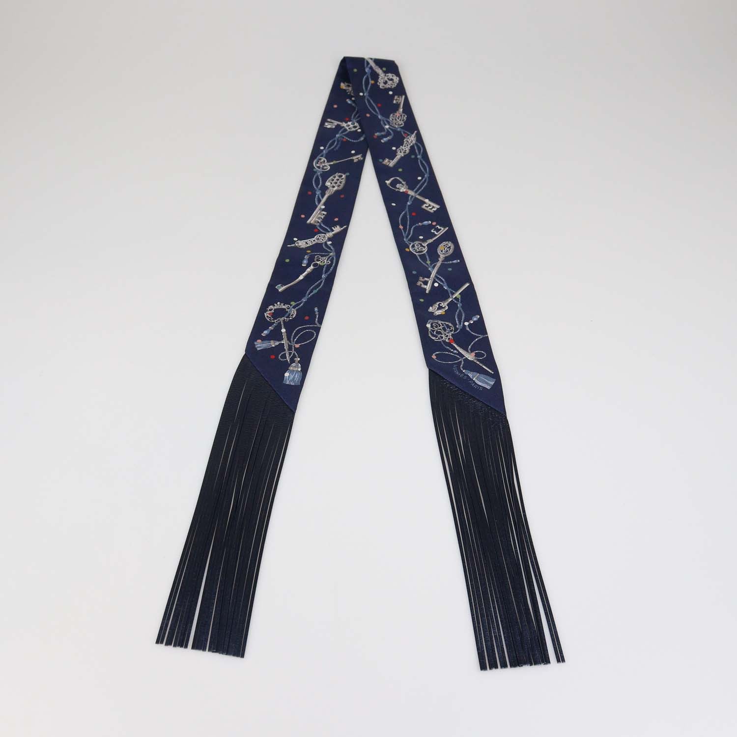 Hermes Bleu Marine Silk Les Cles a Pois Leather Fringes Twilly