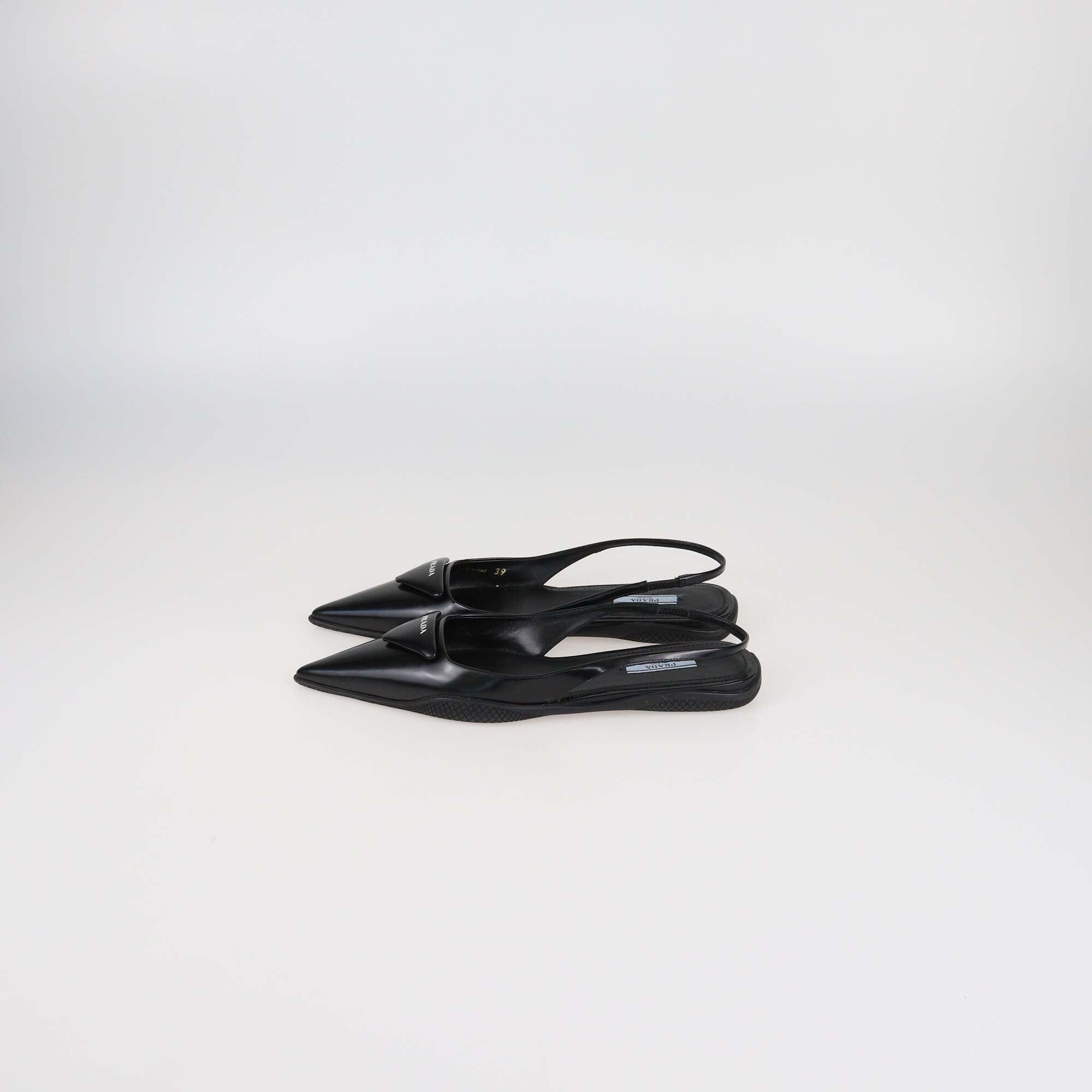 Prada Black Leather Triangle Logo Pointed Toe Slingback Pumps Womens Prada