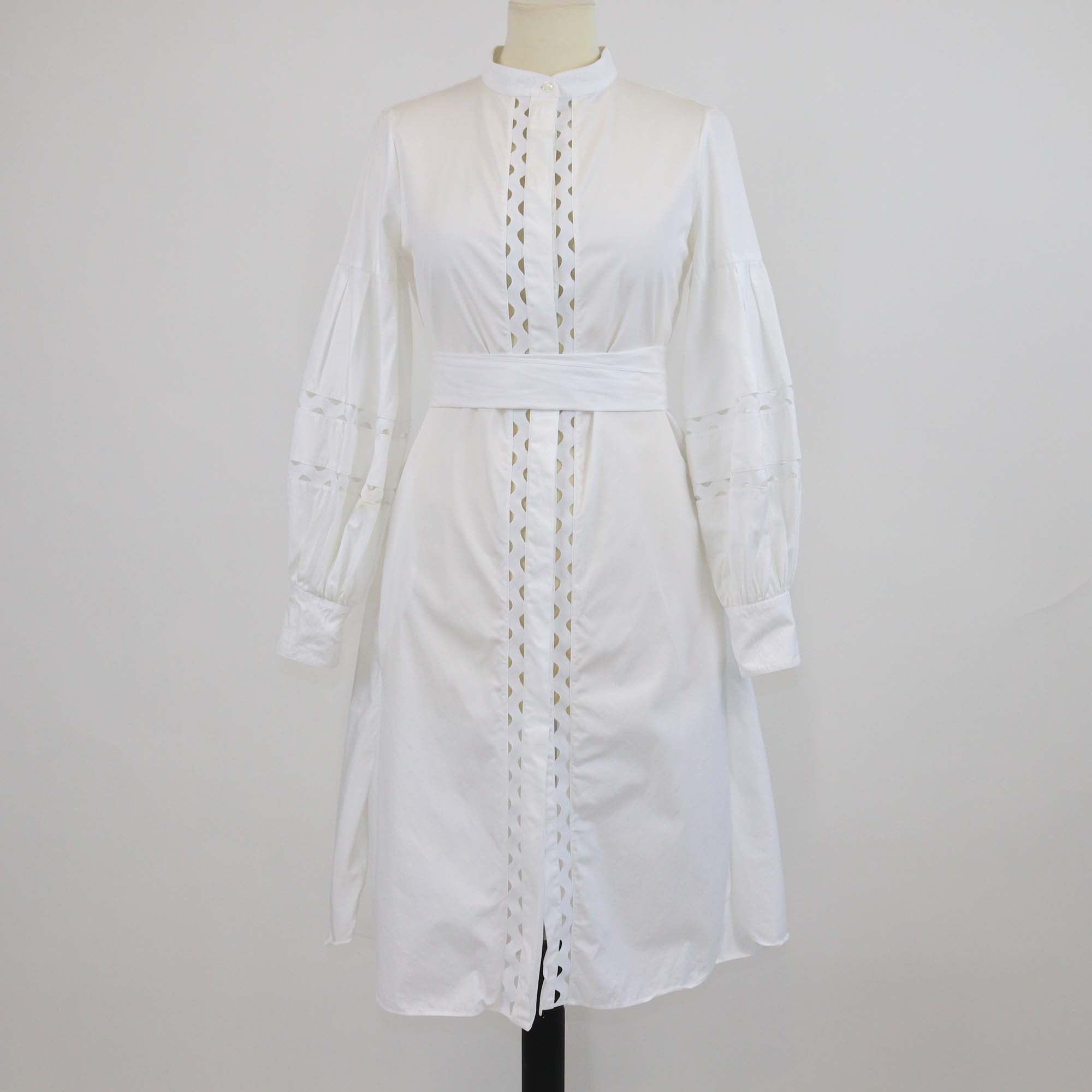 CH Carolina Herrera White Cotton Cutout Detail Belted Long Sleeve Midi Dress
