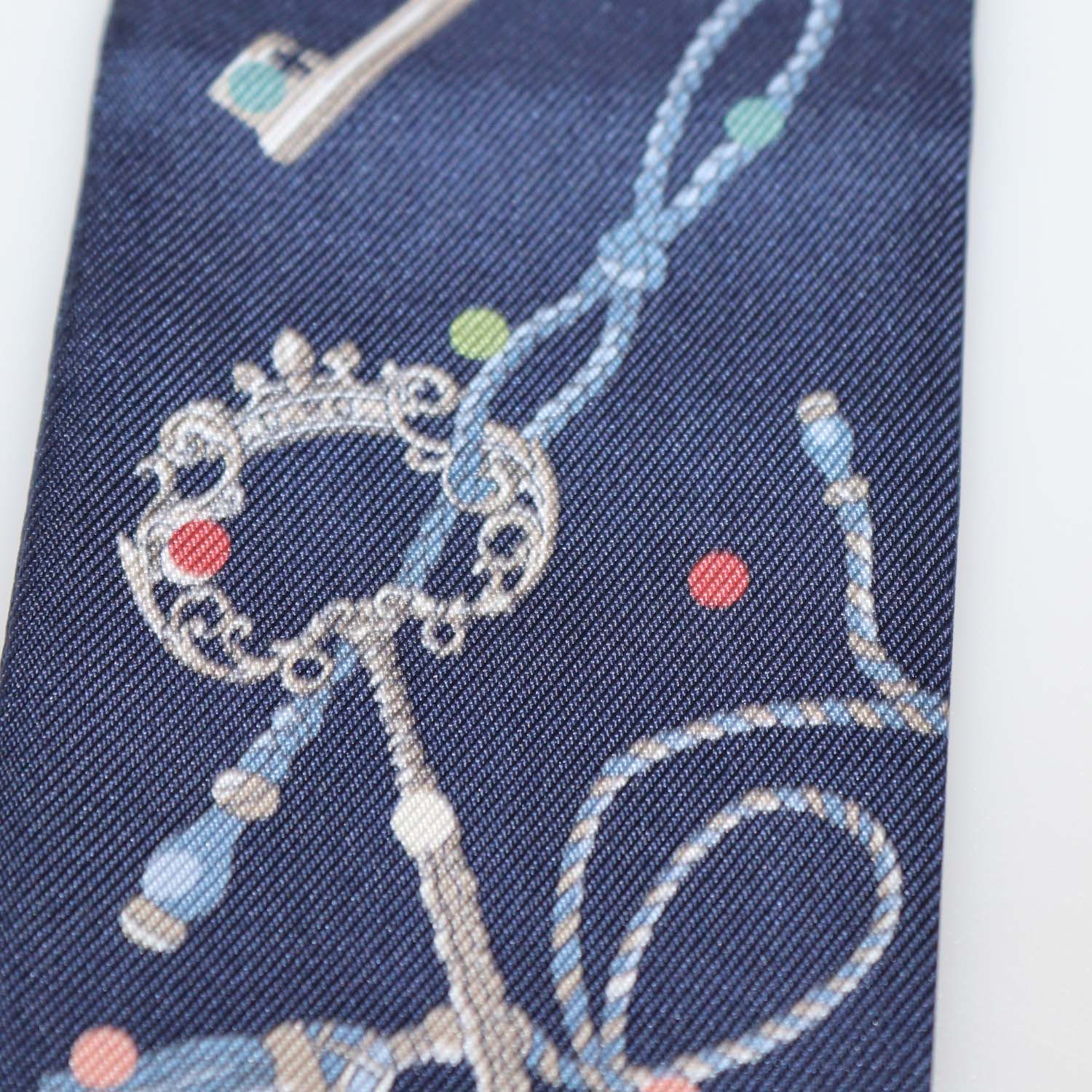 Hermes Bleu Marine Silk Les Cles a Pois Leather Fringes Twilly