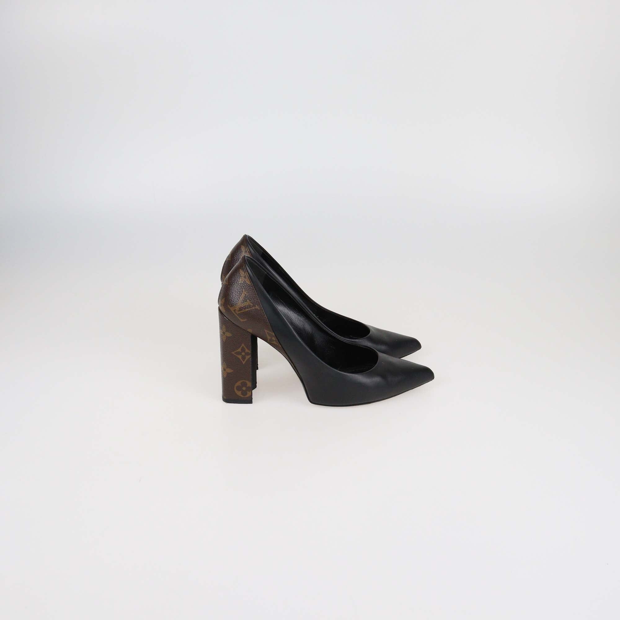 Louis Vuitton Black/Brown Leather and Monogram Canvas Pointed Toe Block Heel Pumps Womens Louis Vuitton