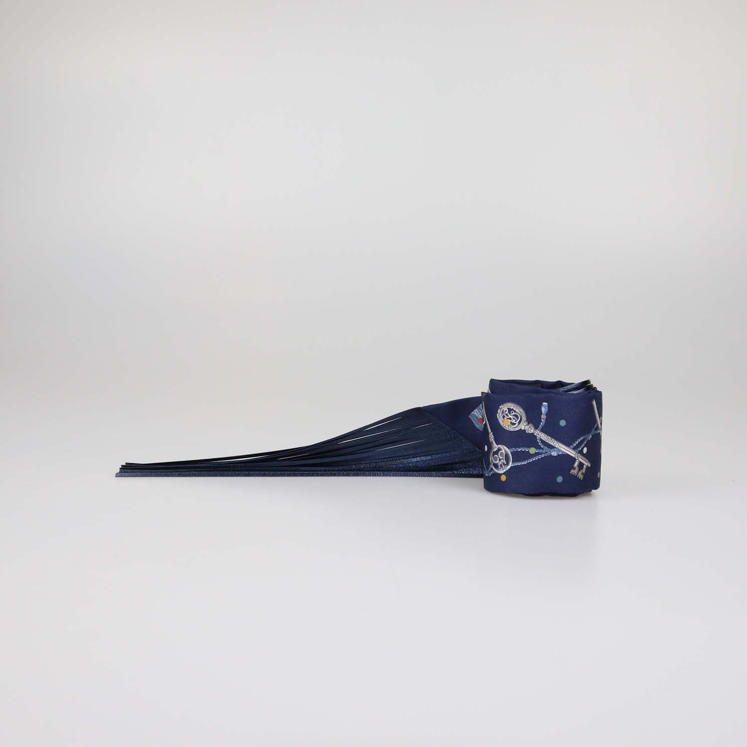 Hermes Bleu Marine Silk Les Cles a Pois Leather Fringes Twilly