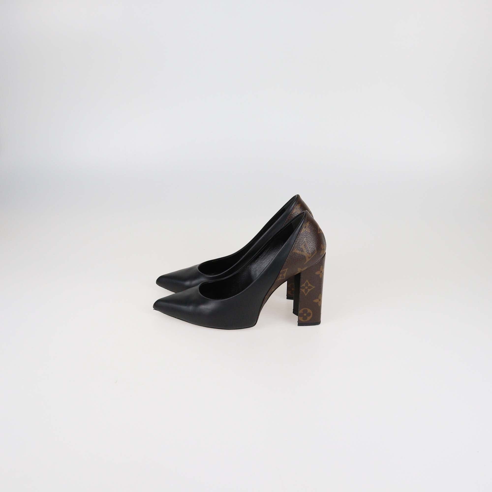 Louis Vuitton Black/Brown Leather and Monogram Canvas Pointed Toe Block Heel Pumps Womens Louis Vuitton