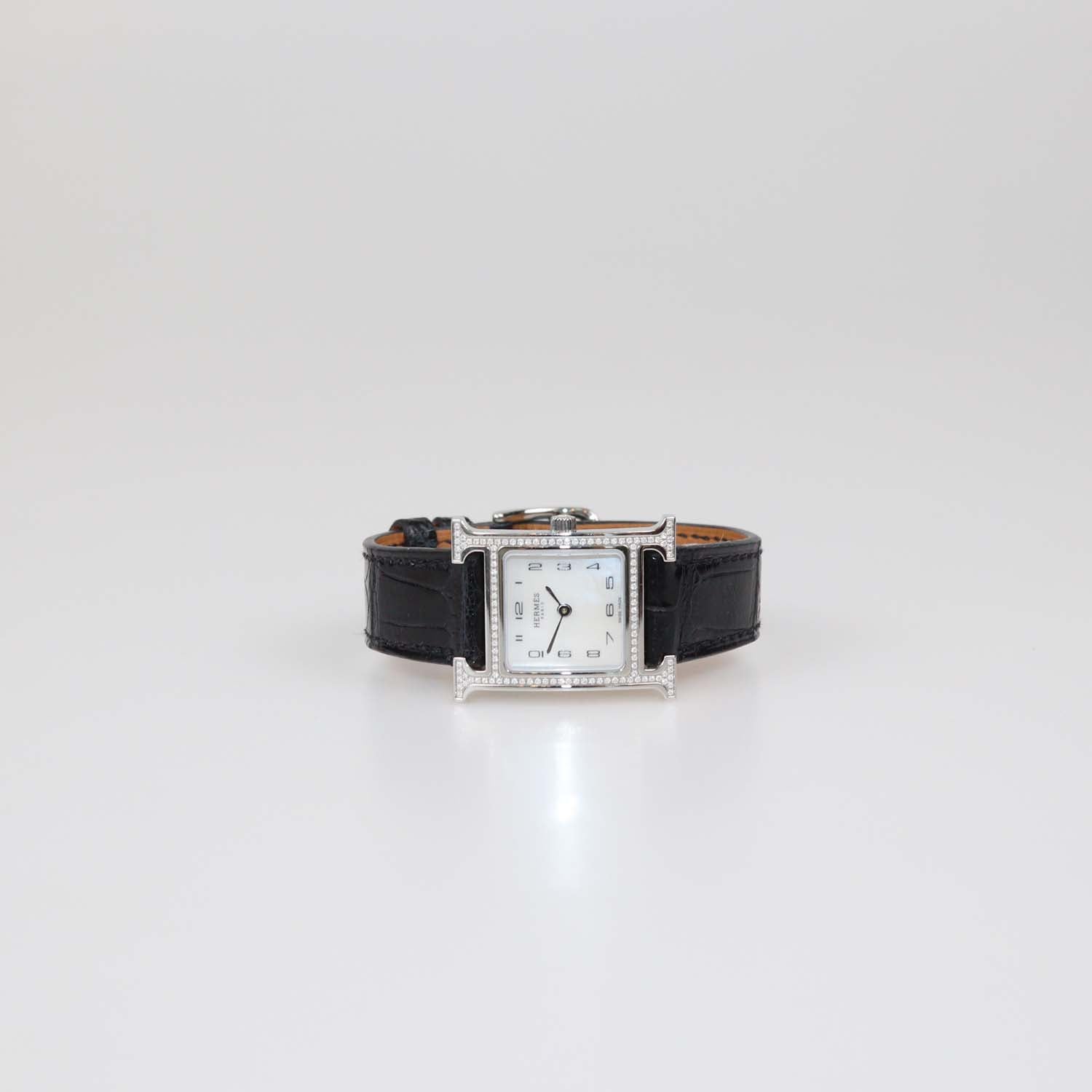 Hermes White MOP Stainless Steel Diamond Alligator Leather Heure H Watch 21 mm