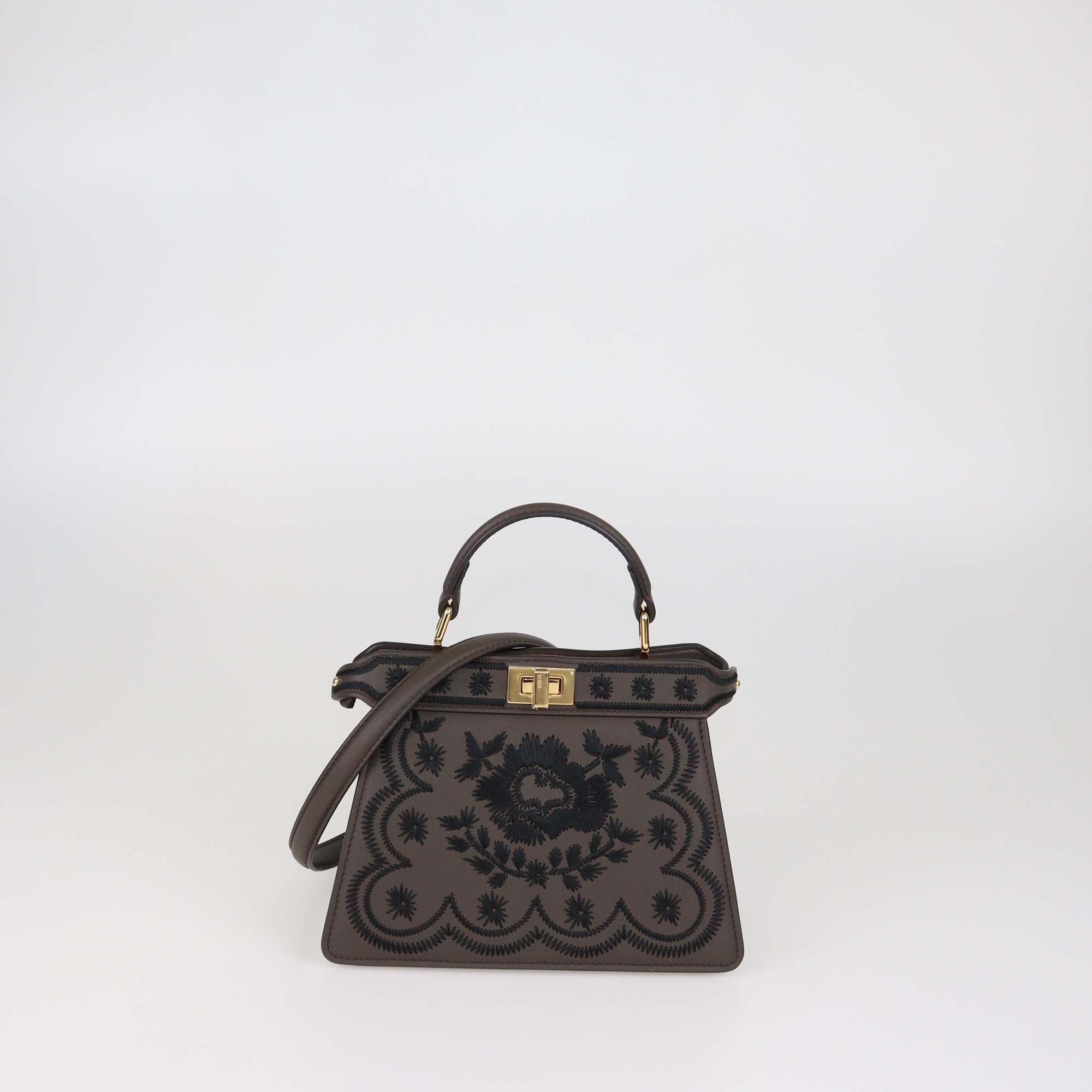 Fendi Dark Brown Leather Embroidered Petite Peekaboo I see U Top Handle Bag