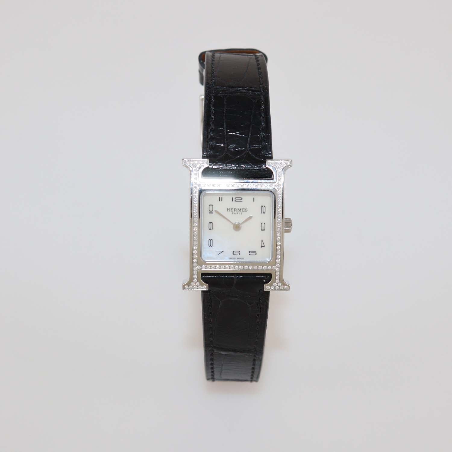 Hermes White MOP Stainless Steel Diamond Alligator Leather Heure H Watch 21 mm