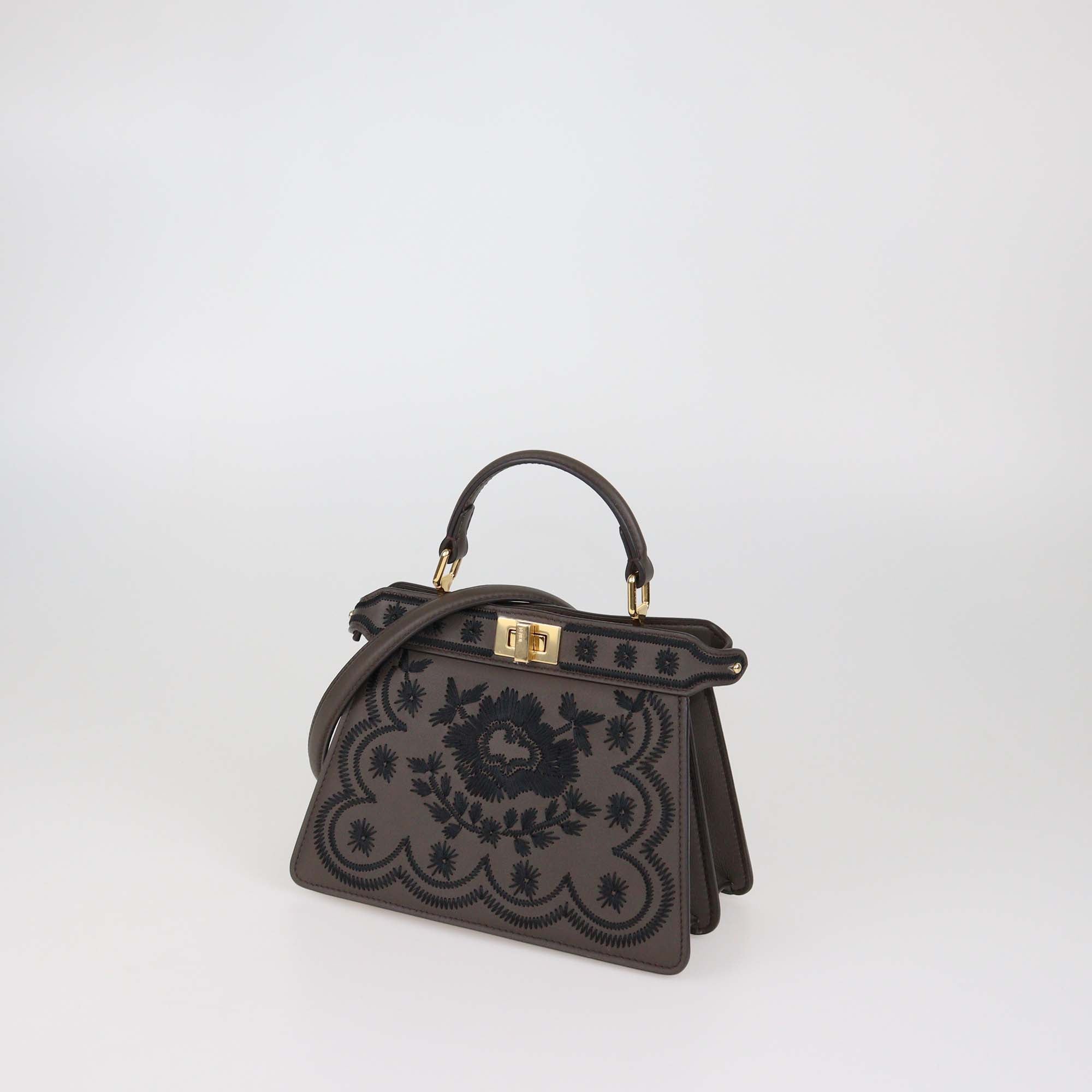 Fendi Dark Brown Leather Embroidered Petite Peekaboo I see U Top Handle Bag