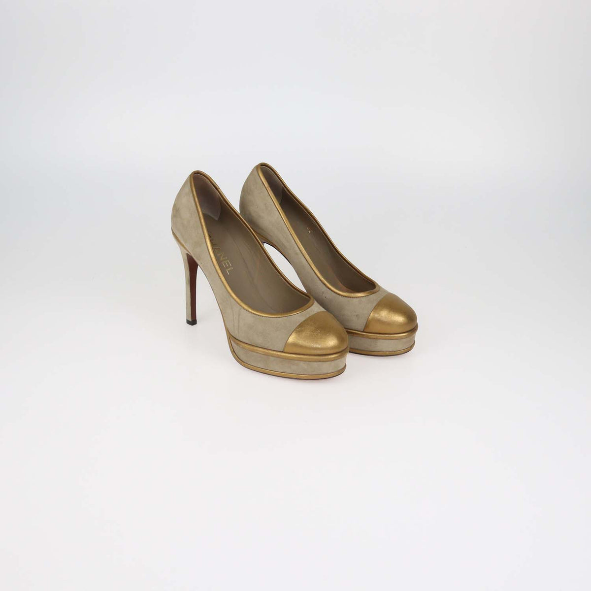 Chanel Beige,Gold Suede and Leather Platform Cap Toe Pumps