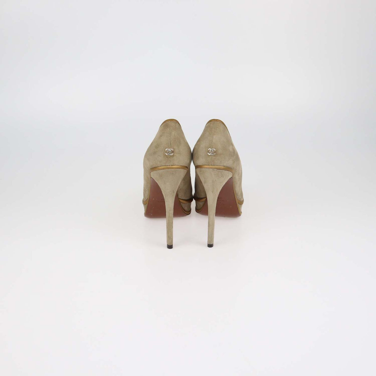 Chanel Beige,Gold Suede and Leather Platform Cap Toe Pumps