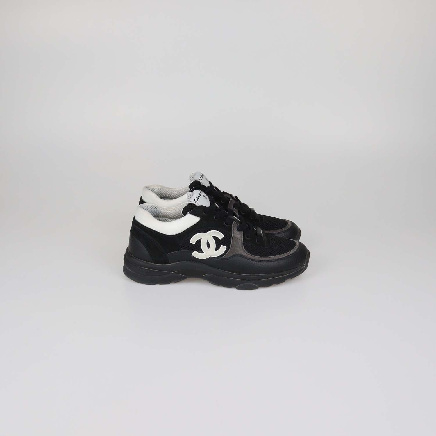 Chanel Black/White Mesh and Leather CC Low Top Sneakers
