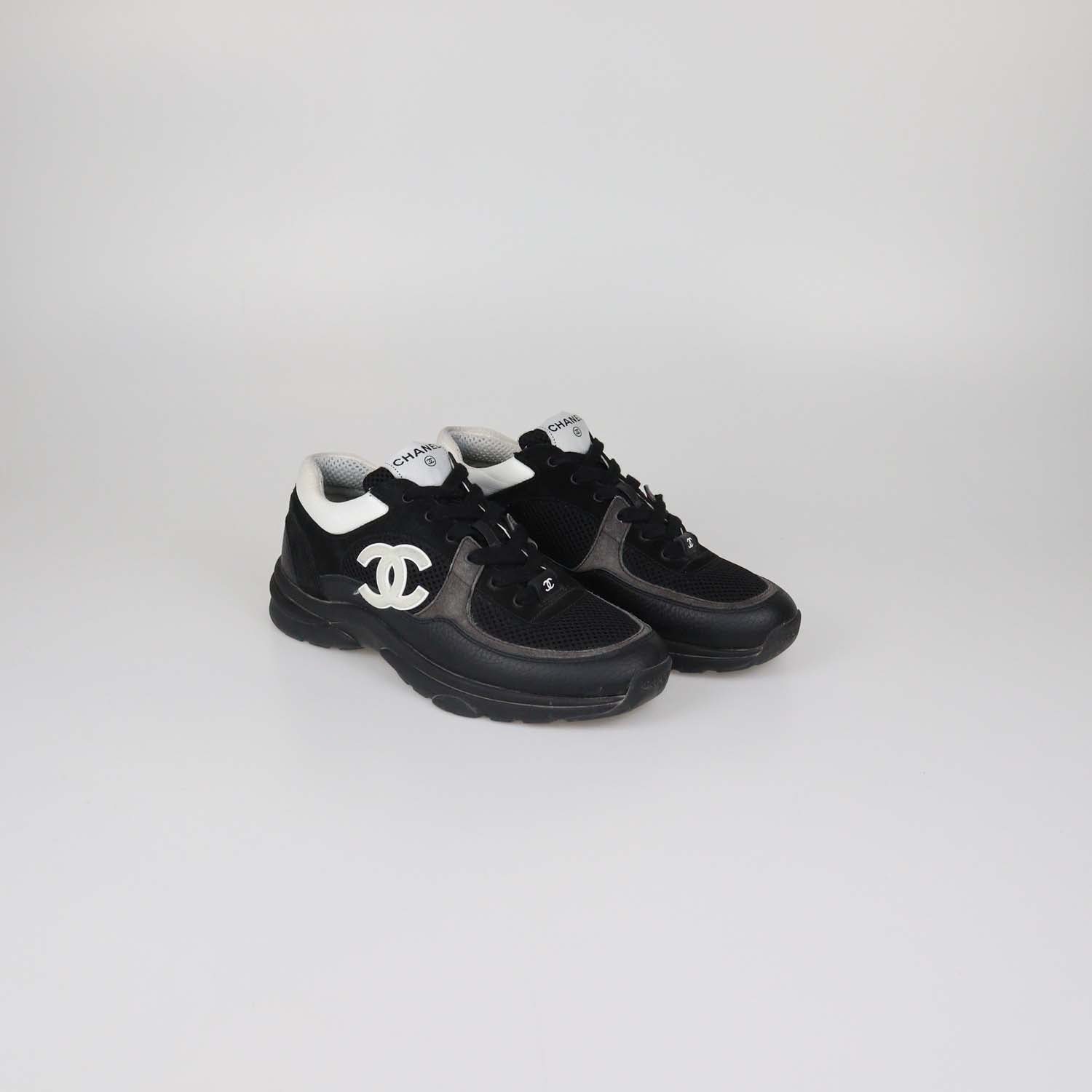 Chanel Black/White Mesh and Leather CC Low Top Sneakers
