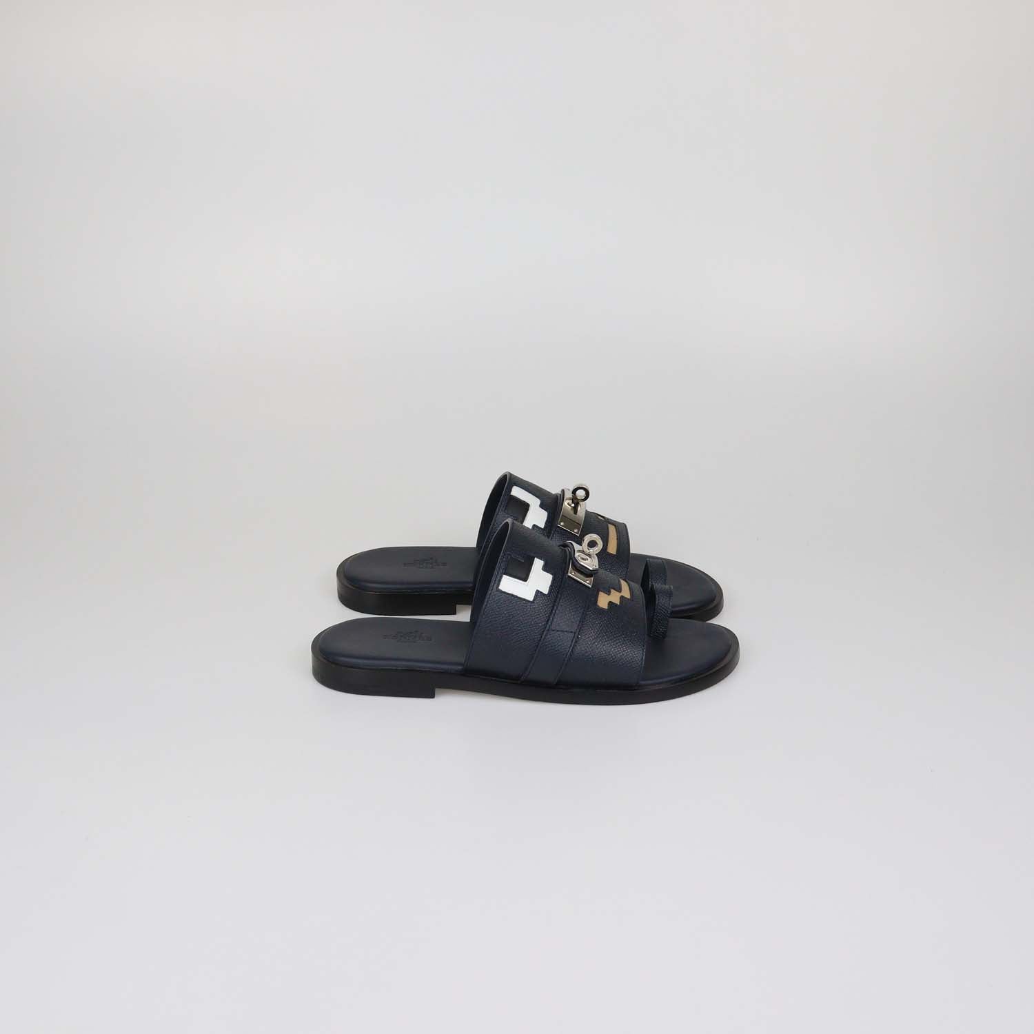 Hermes Multicolor Marine Epsom Leather Joke Flat Sandals