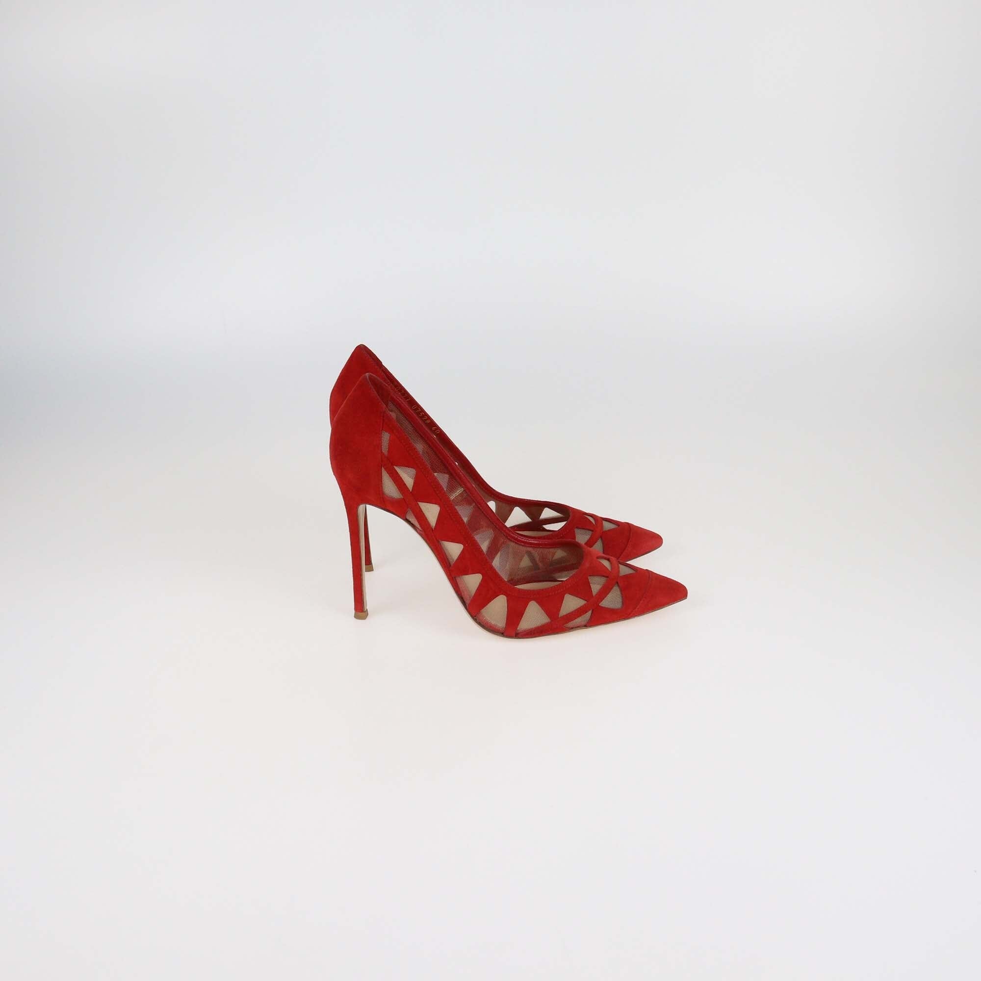 Gianvito Rossi Red Suede and Mesh Maxine Laser Cut Pointed Toe Pumps Womens Gianvito Rossi