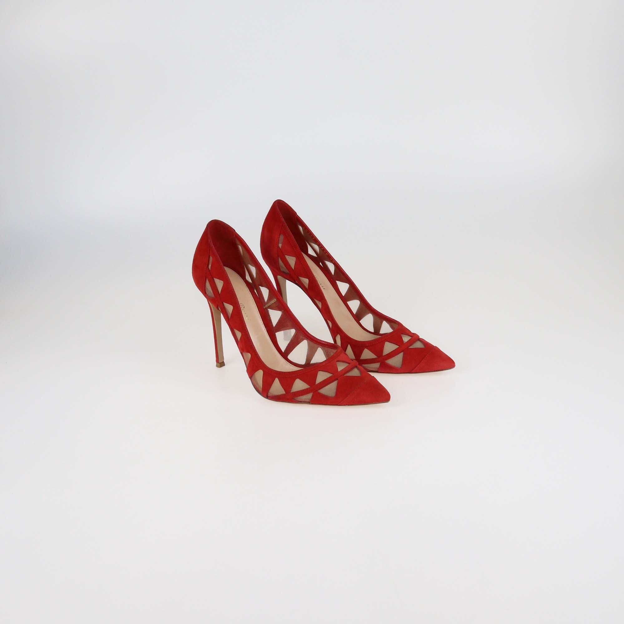Gianvito Rossi Red Suede and Mesh Maxine Laser Cut Pointed Toe Pumps Womens Gianvito Rossi
