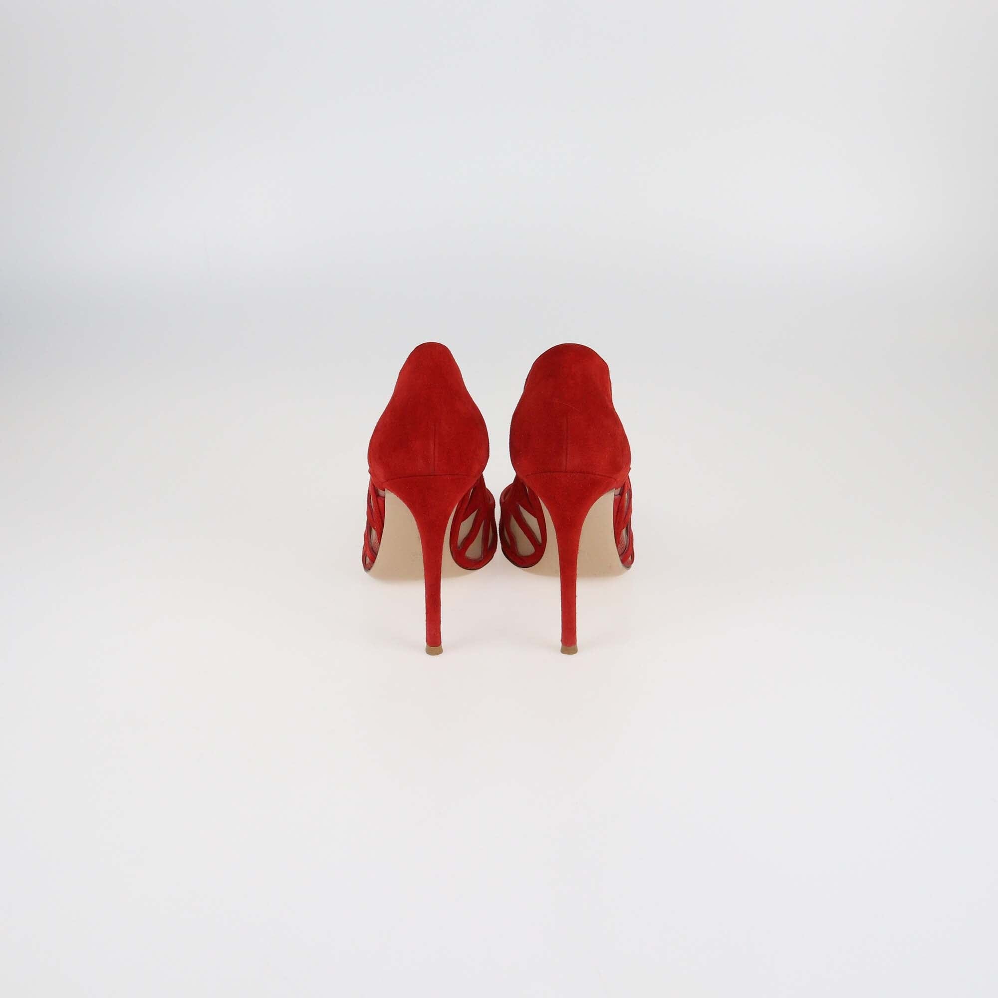 Gianvito Rossi Red Suede and Mesh Maxine Laser Cut Pointed Toe Pumps Womens Gianvito Rossi