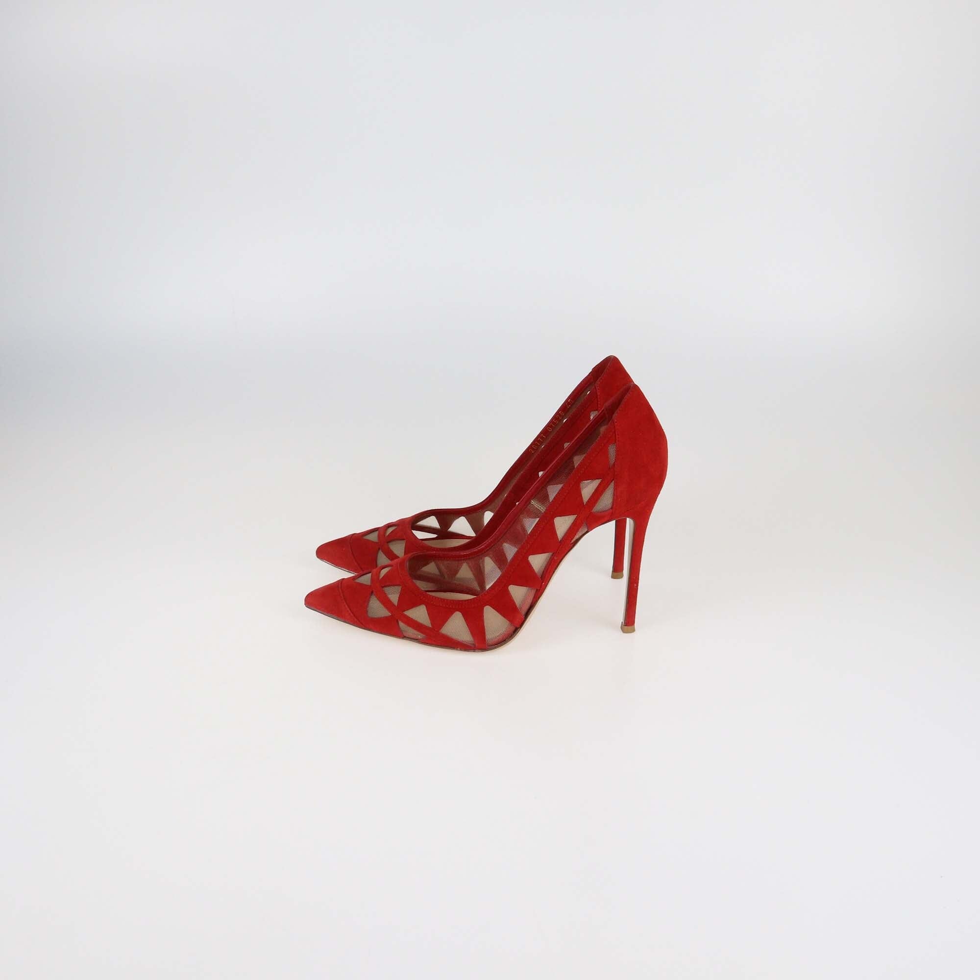 Gianvito Rossi Red Suede and Mesh Maxine Laser Cut Pointed Toe Pumps Womens Gianvito Rossi