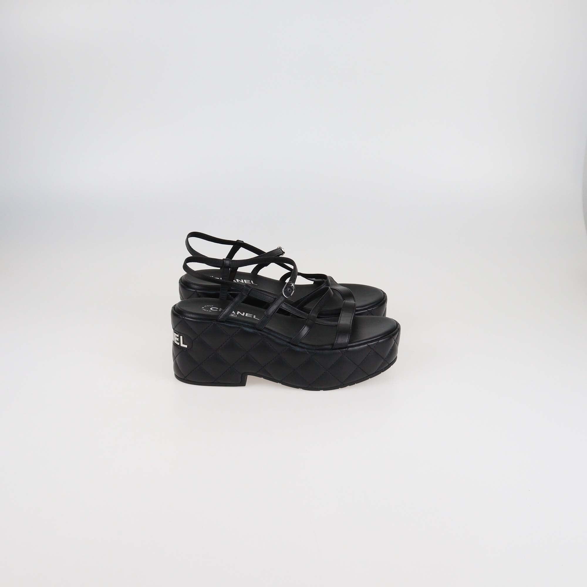 Chanel Black Quilted Leather Logo Wedge Ankle Strap Sandals Womens Chanel