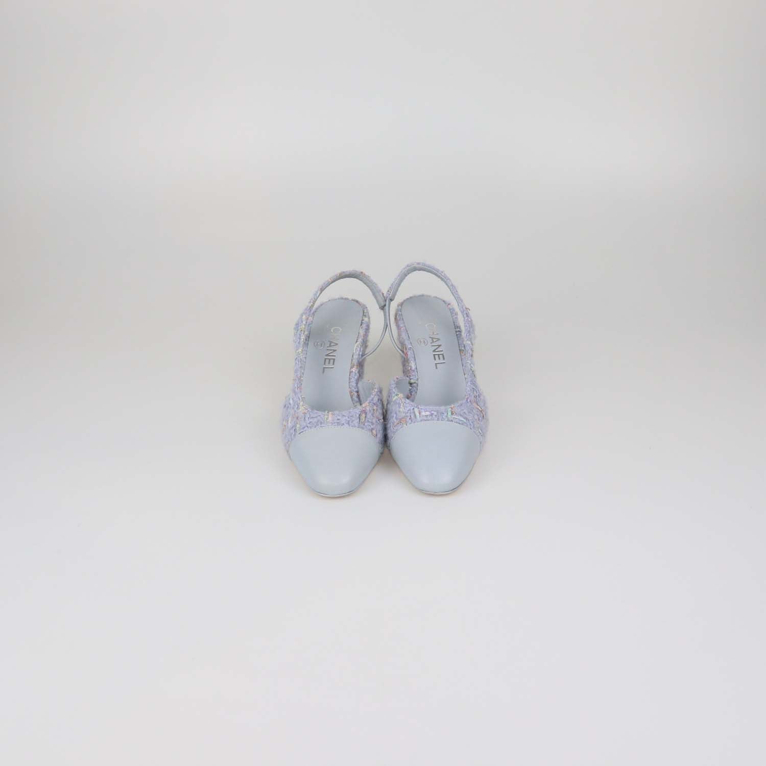 Chanel Light Blue Tweed and Leather Cap Toe Slingback Pumps