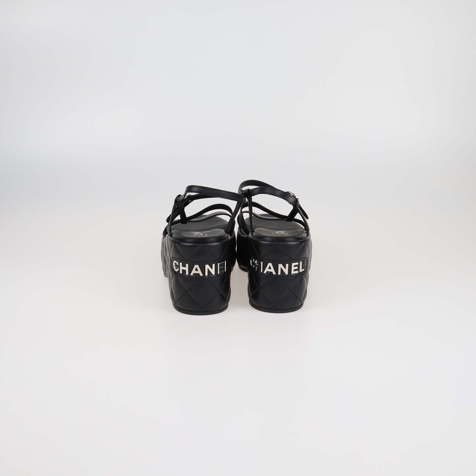 Chanel Black Quilted Leather Logo Wedge Ankle Strap Sandals Womens Chanel
